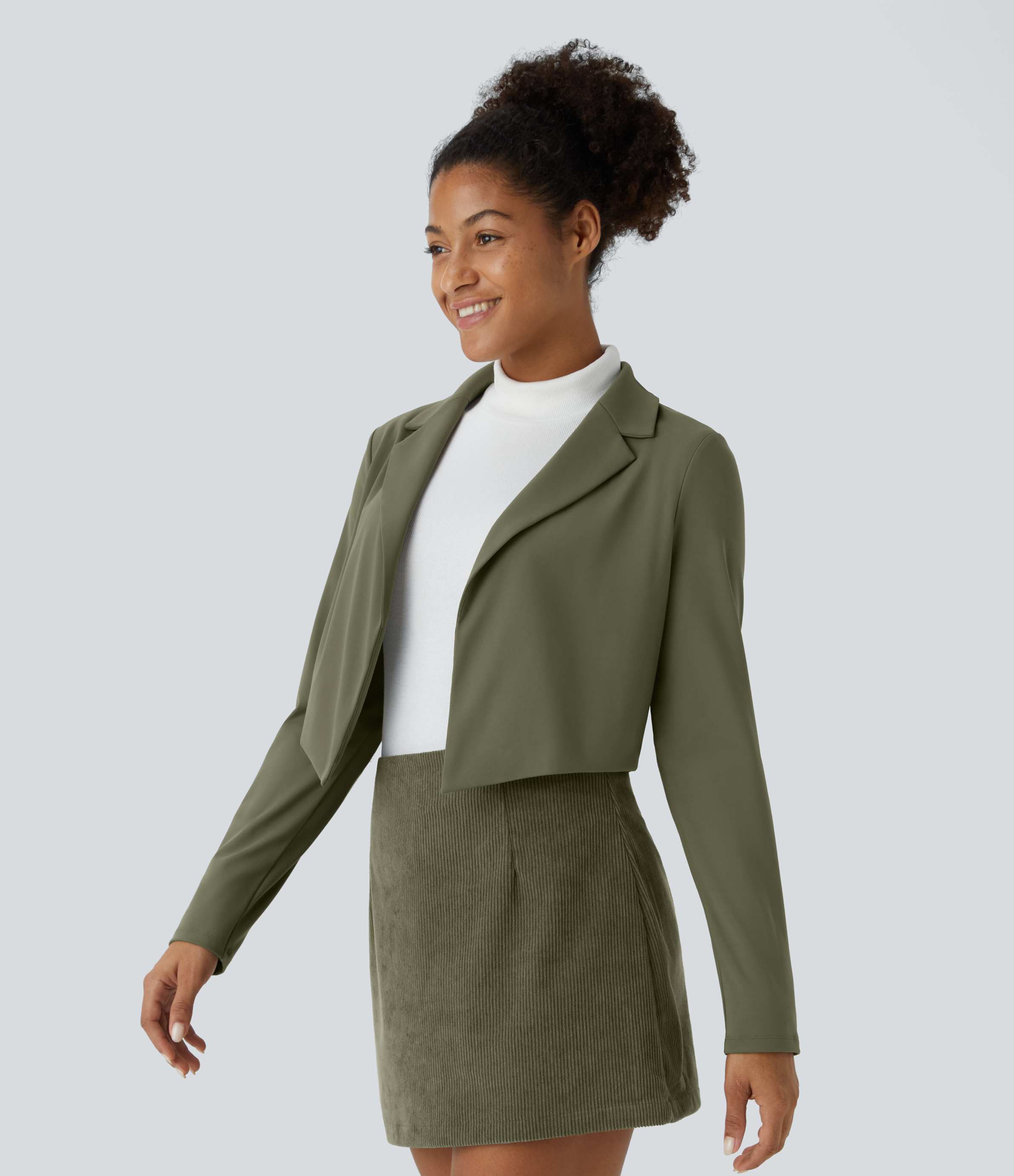Halara Softlyzeroв„ў Plush Lapel Open Front Solid Cropped Casual Blazer  - Grass Grey Green - M 
