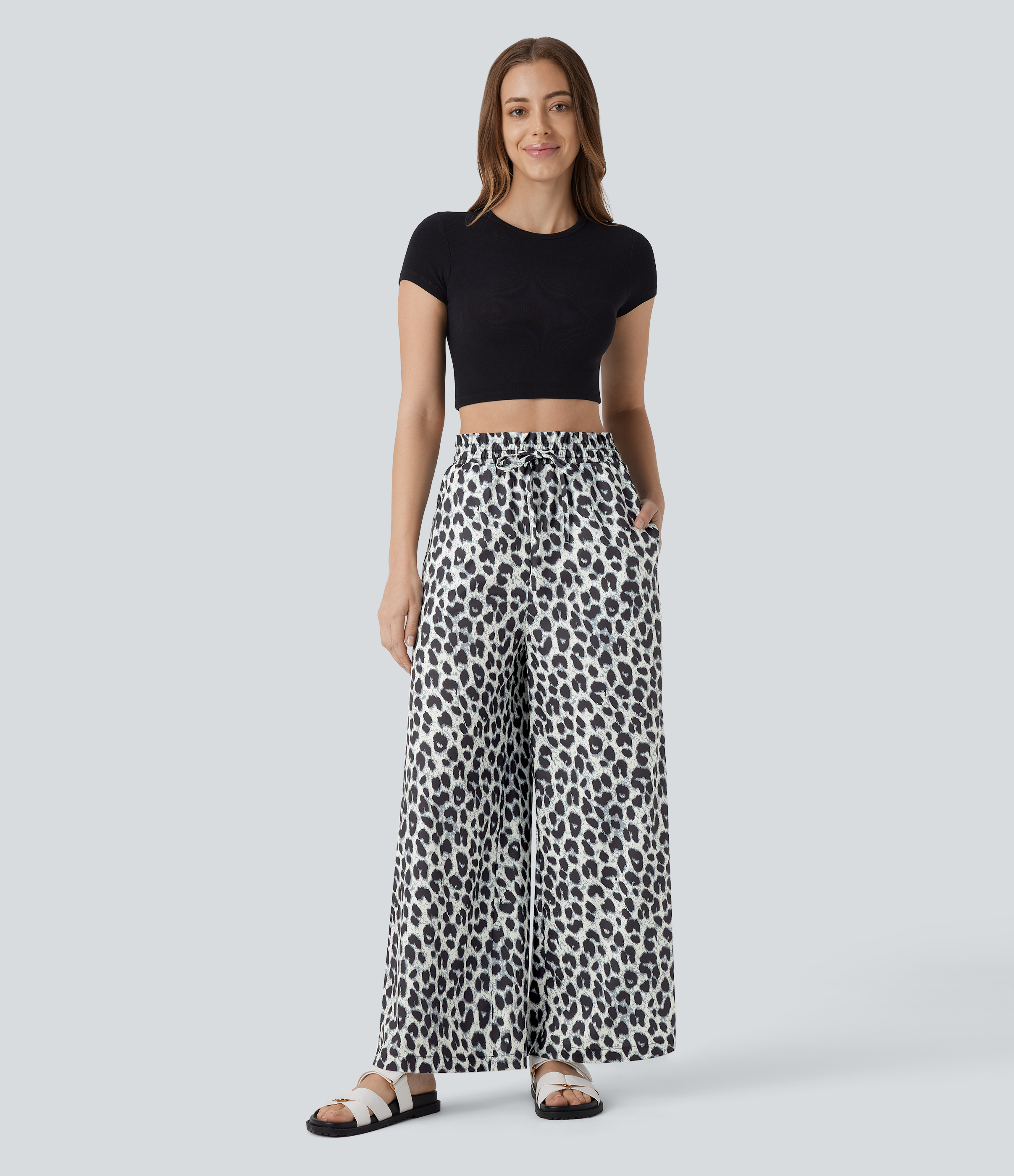 Halara High Waisted Drawstring Side Pocket Leopard Print Wide Leg Casual Pants  - Silver Leopard Print - S(regular) sweatpants jogger pants 