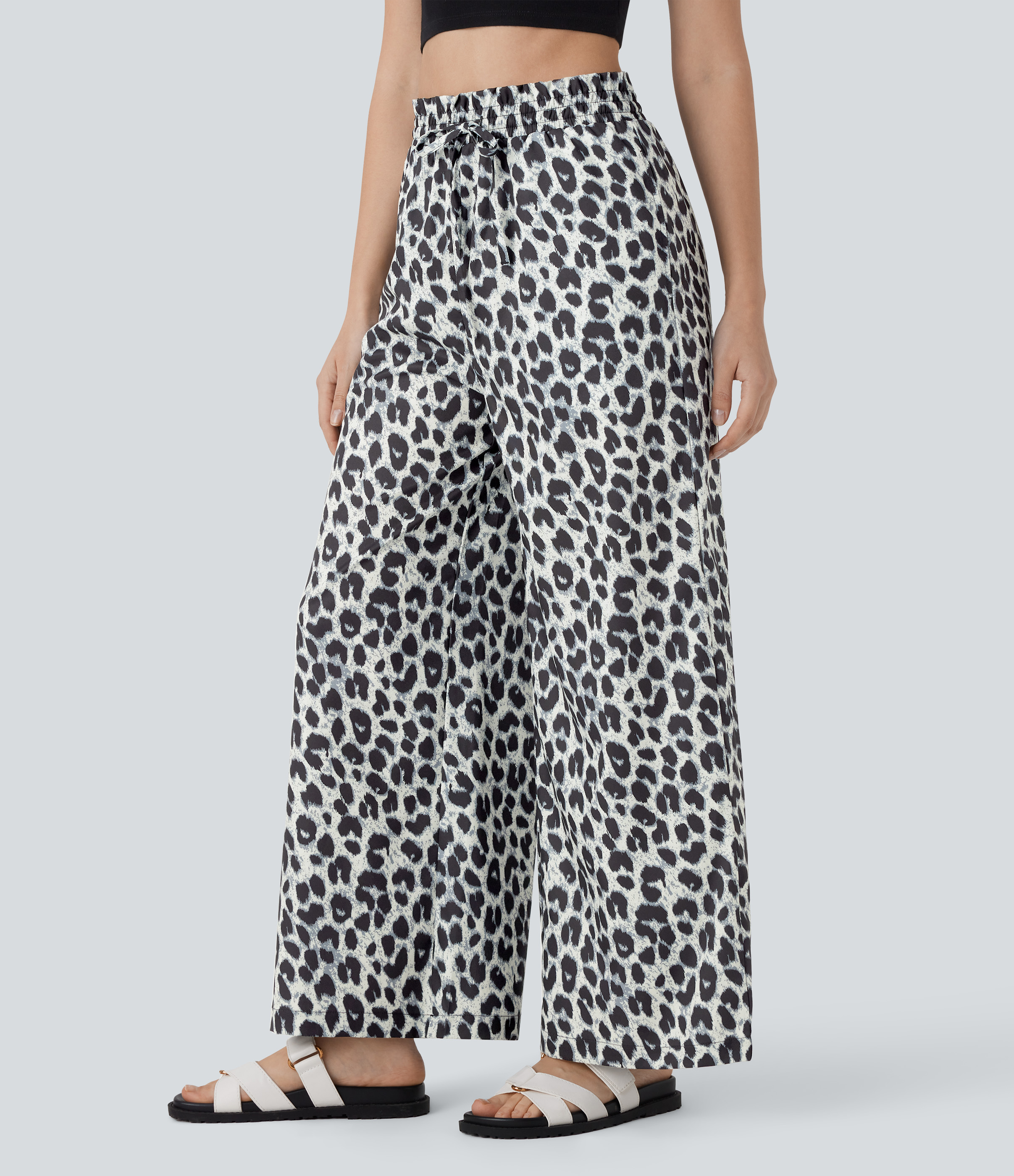 Halara High Waisted Drawstring Side Pocket Leopard Print Wide Leg Casual Pants  - Silver Leopard Print - S(regular) sweatpants jogger pants 