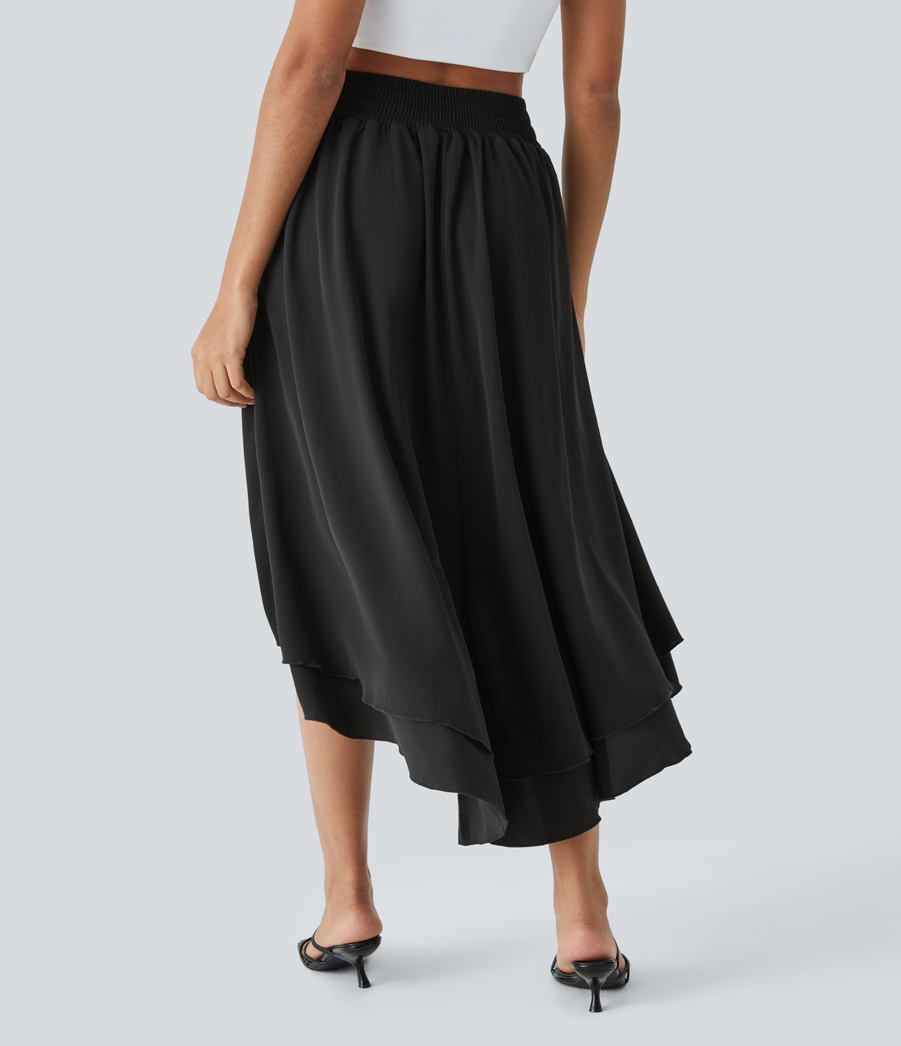 Halara High Waisted Ruffle Trim Split High Low 2-in-1 Flowy Resort Skirt  - Black - M(regular) 