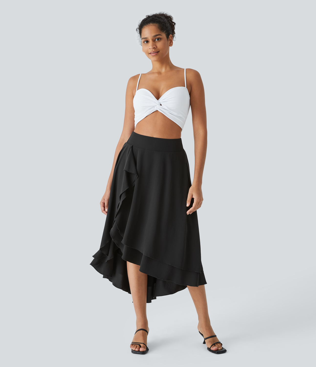 Halara High Waisted Ruffle Trim Split High Low 2-in-1 Flowy Resort Skirt  - Black - M(regular) 