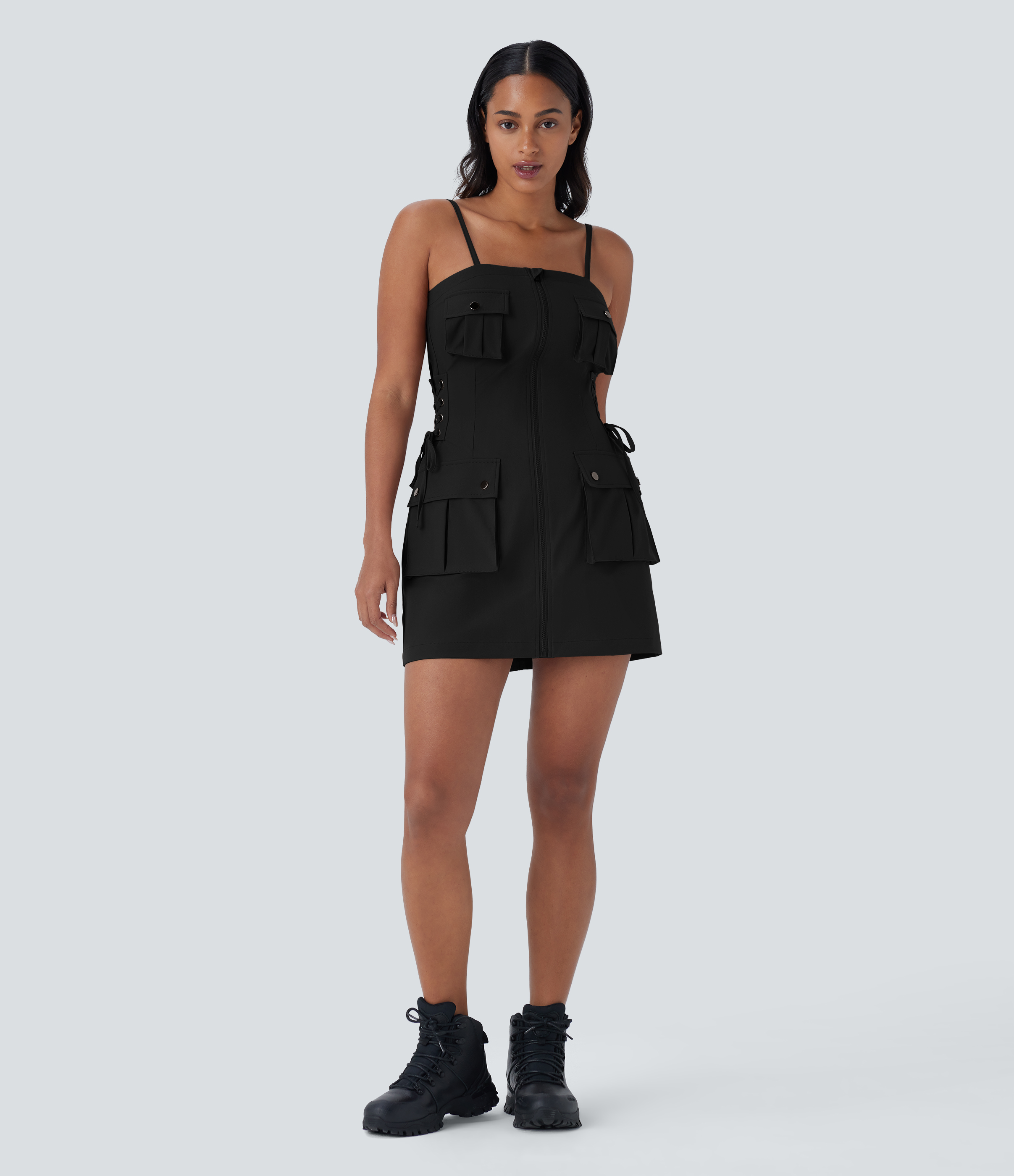 Halara Water Repellent Adjustable Strap Zipper Multiple Pockets Side Lace Up Twill Mini Hiking Slip Cargo Dress Workout Dress - Black - S 