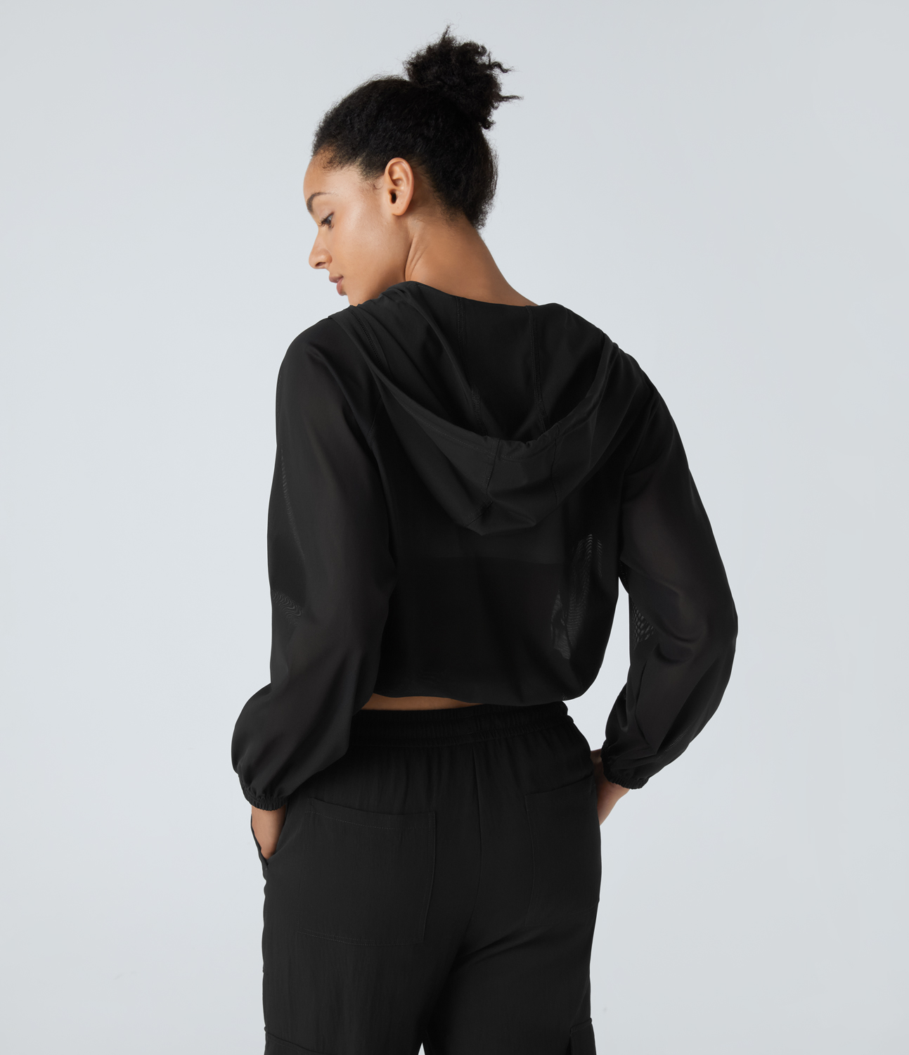 Halara Hooded Zipper Front Pocket Drawstring Hem Sheer Mesh Hiking Jacket  - Black - L 
