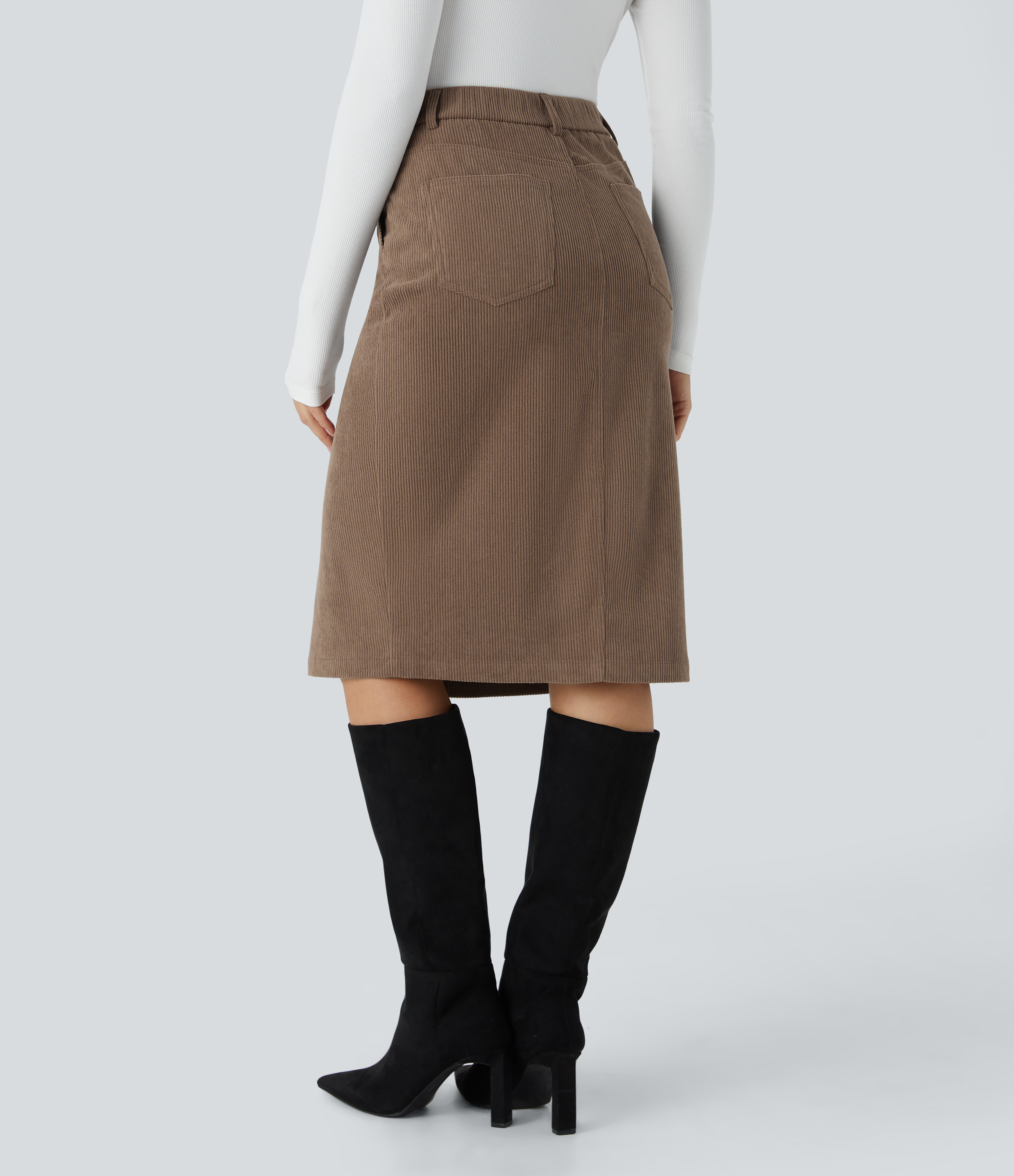Halara High Waisted Button Zipper Multiple Pockets Split Midi Corduroy Work Skirt  - Acorn - XL(regular) 