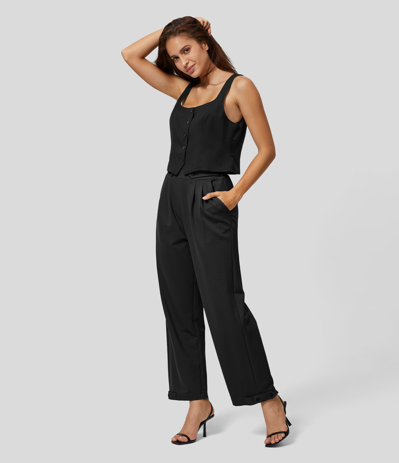 Halara High Waisted Plicated Side Pocket Straight Leg Adjustable Hem Work Pants  - Black - L(regular) sweatpants jogger pants 
