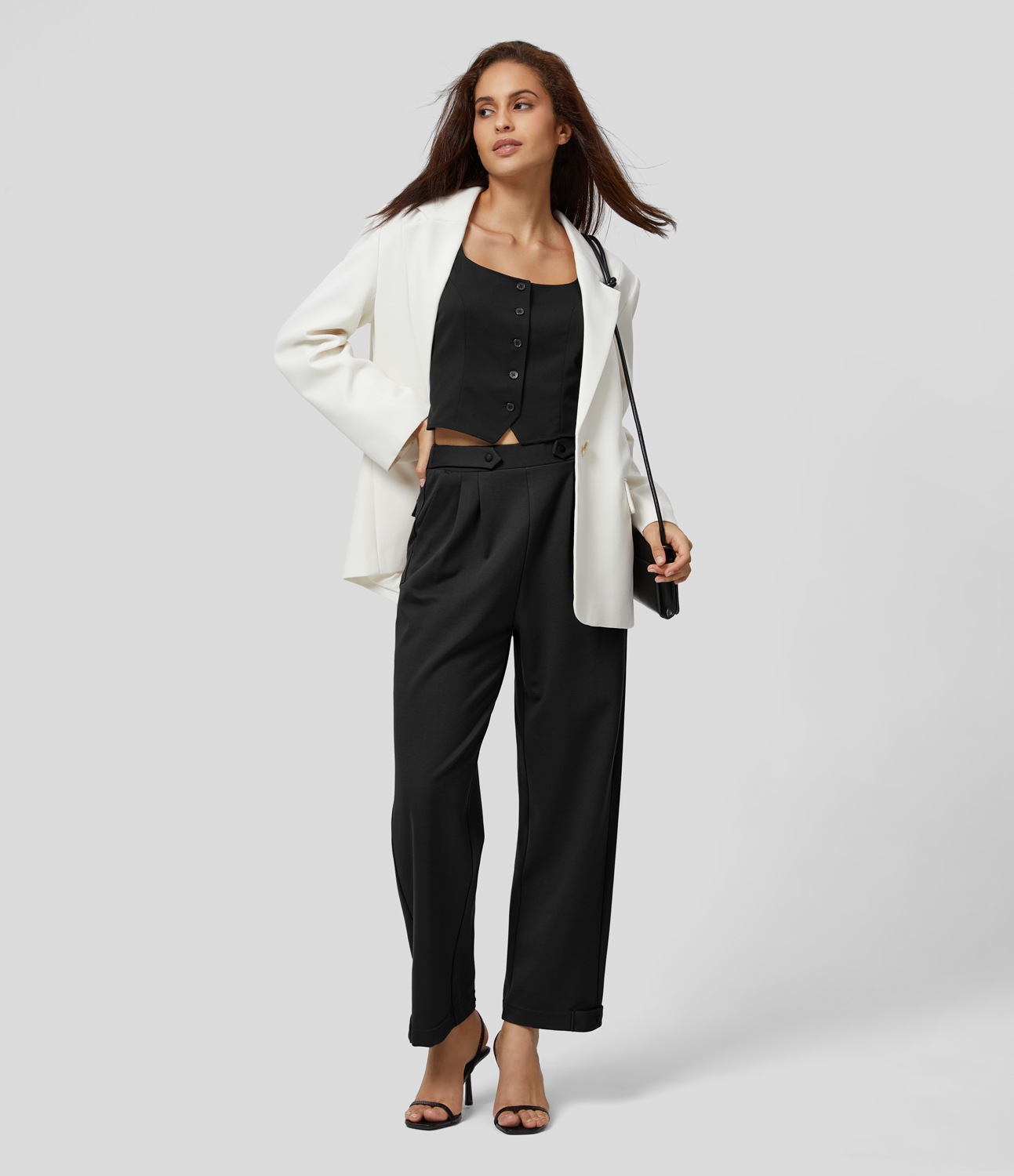 Halara High Waisted Plicated Side Pocket Straight Leg Adjustable Hem Work Pants  - Black - L(regular) sweatpants jogger pants 