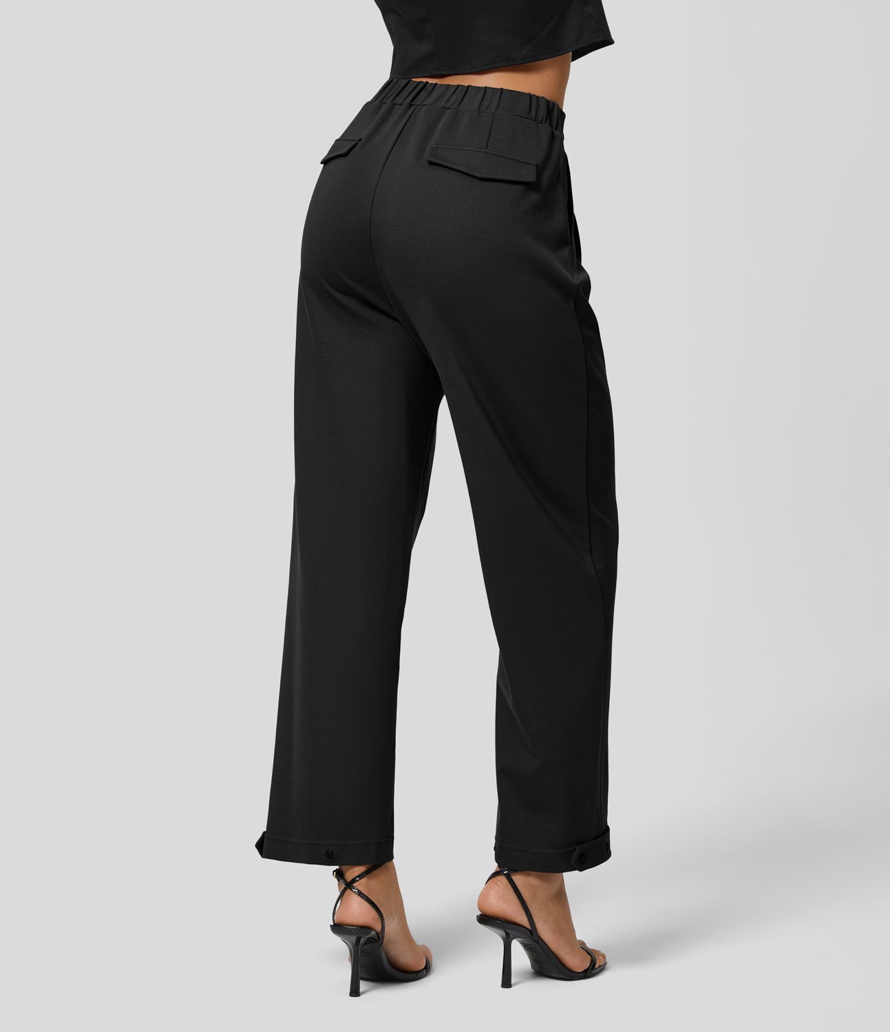 Halara High Waisted Plicated Side Pocket Straight Leg Adjustable Hem Work Pants  - Black - L(regular) sweatpants jogger pants 