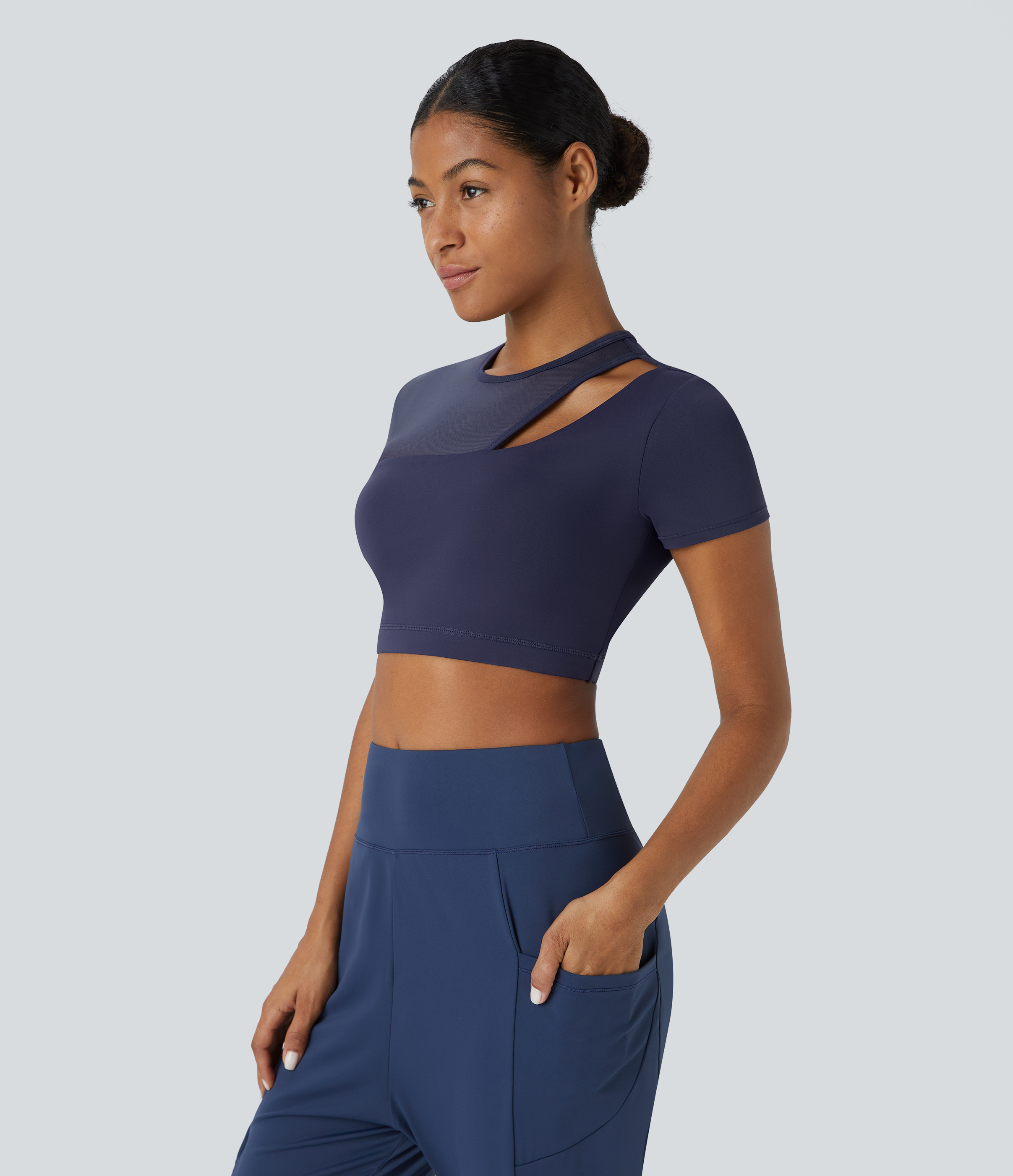 Halara Contrast Mesh Cut Out Short Sleeve Quick Dry Cropped Workout Sports Top  - Dawn Purple - XL 