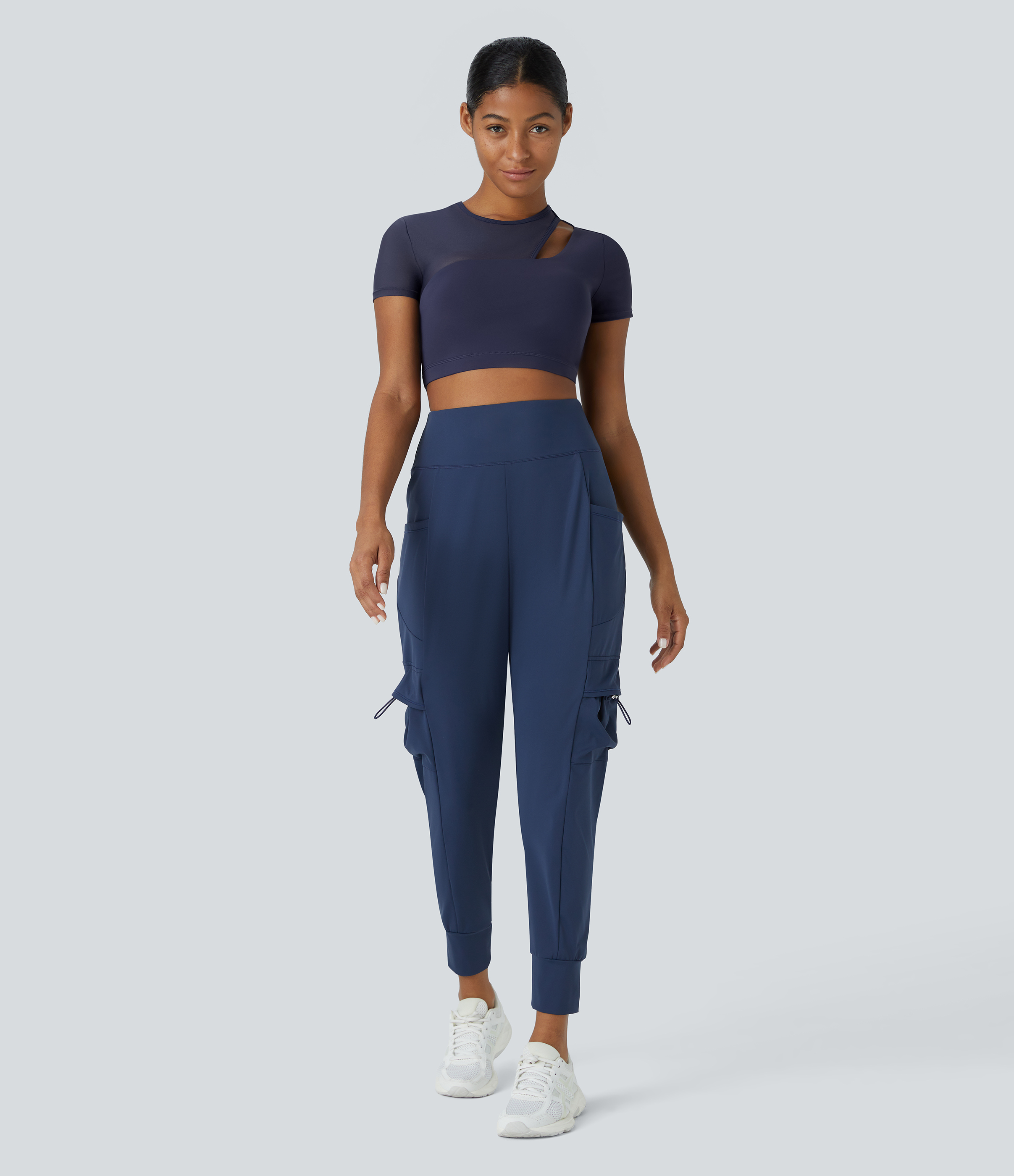 Halara Contrast Mesh Cut Out Short Sleeve Quick Dry Cropped Workout Sports Top  - Dawn Purple - XL 