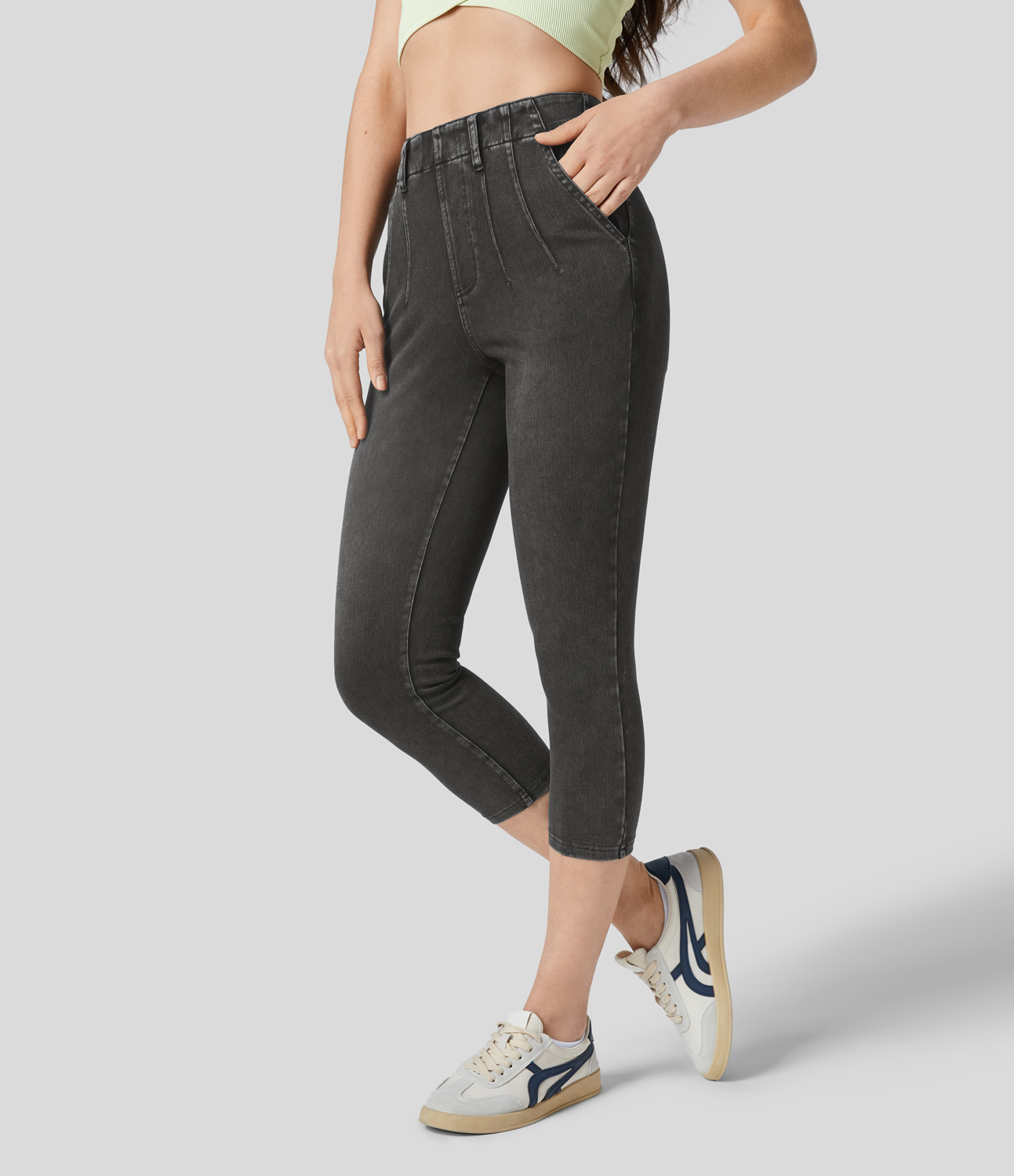 Dirty Grey Black Denim Halara Flex™ Legging Capri Casual Taille Midi Avec Poche Latérale En Tricot Extensible / 2