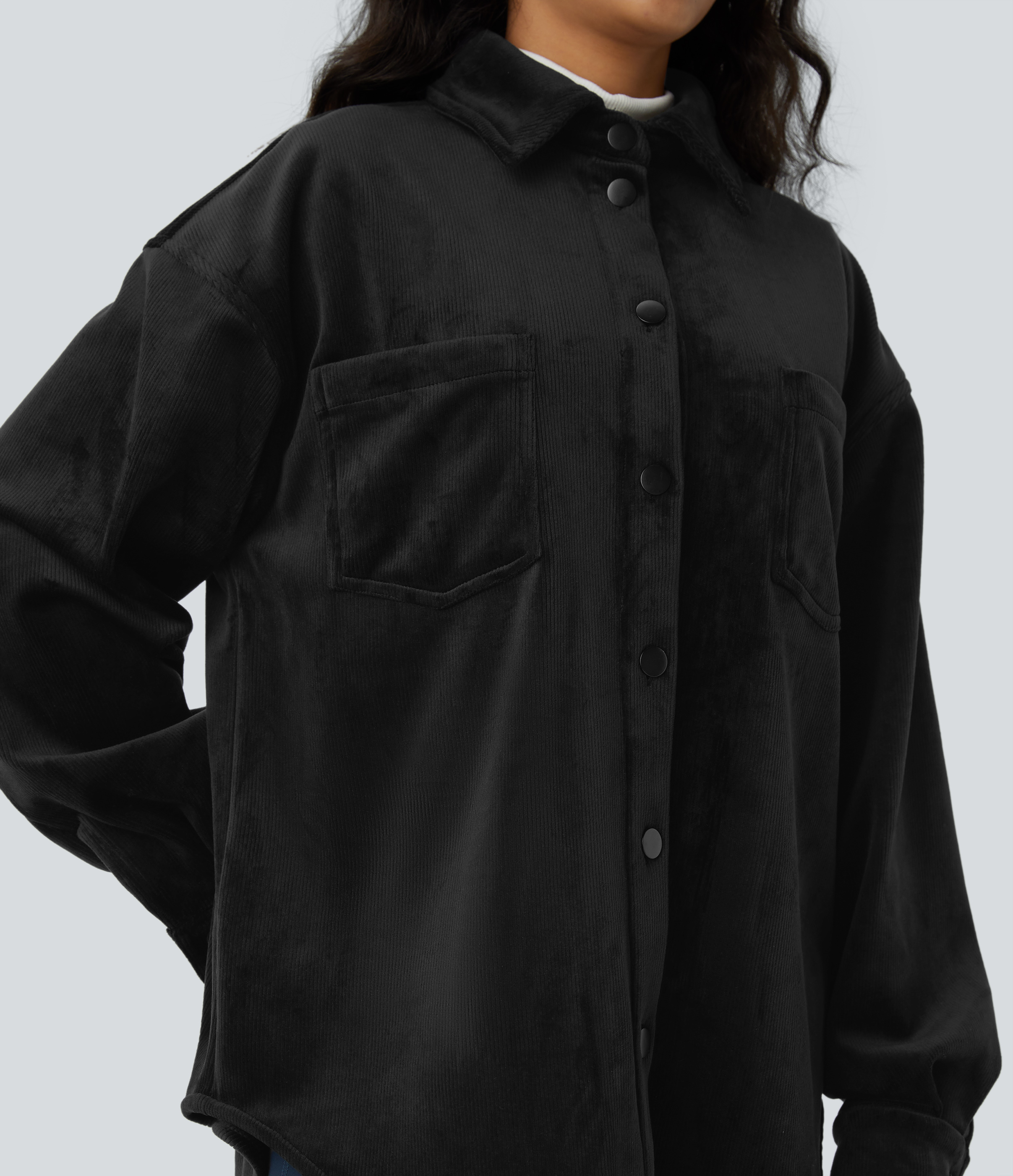 Halara Collared Button Long Sleeve Chest Pocket Curved Hem Fleece Corduroy Casual Jacket  - Black - XL 