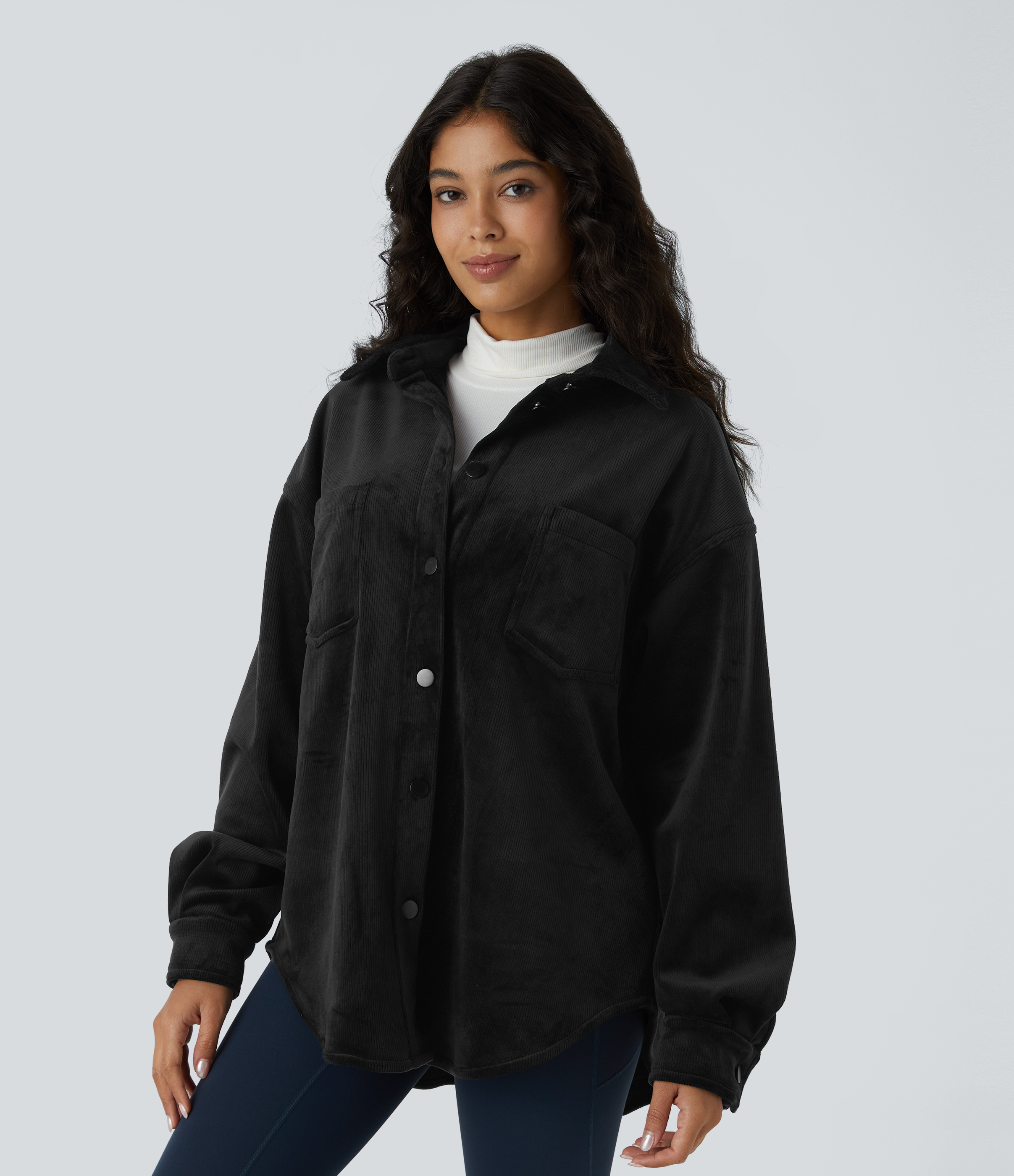 Halara Collared Button Long Sleeve Chest Pocket Curved Hem Fleece Corduroy Casual Jacket  - Black - XL 