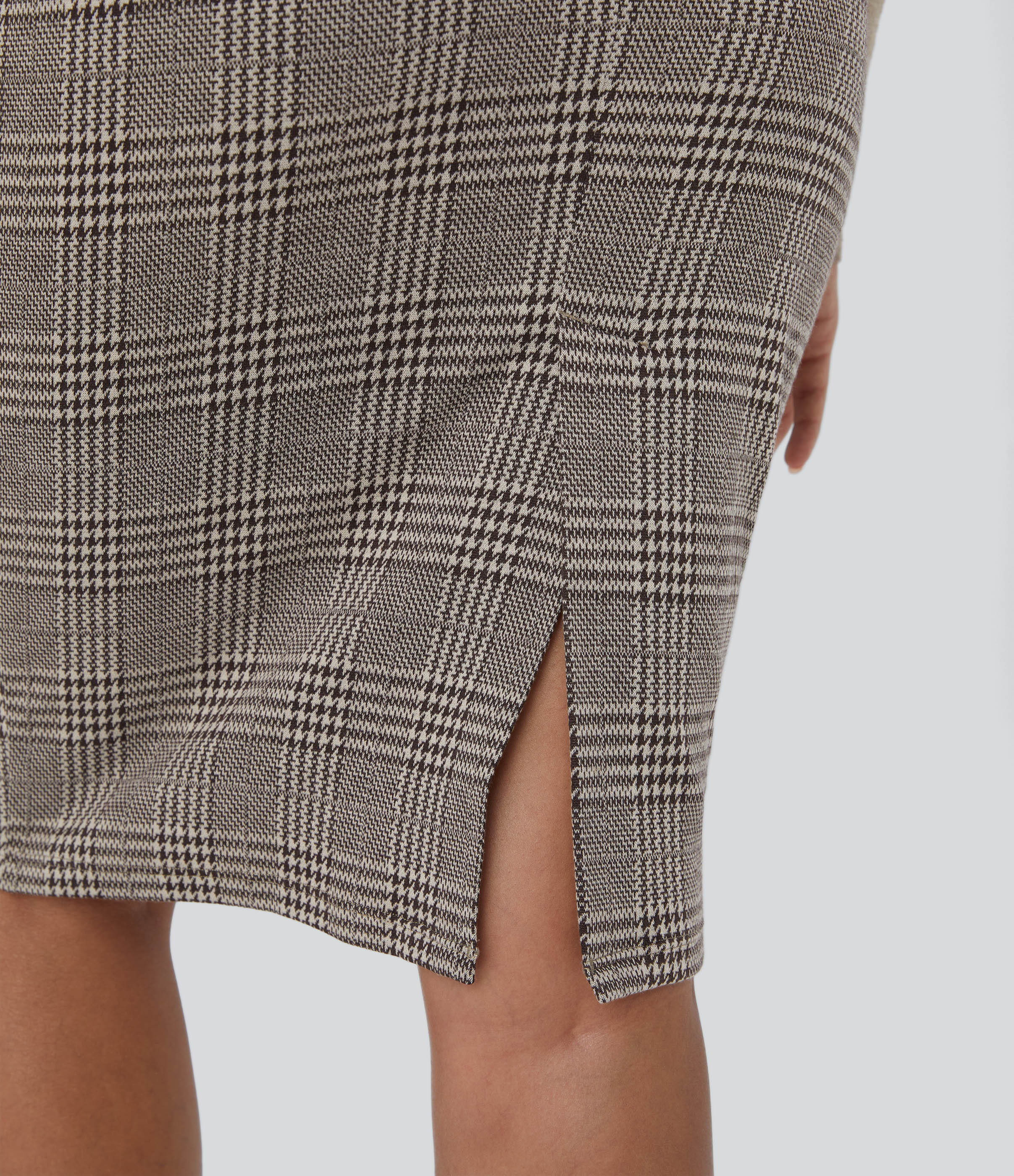 Halara High Waisted Split Hem Houndstooth Plaid Work Pencil Skirt  - Brown Houndstooth Plaid - L(regular) 