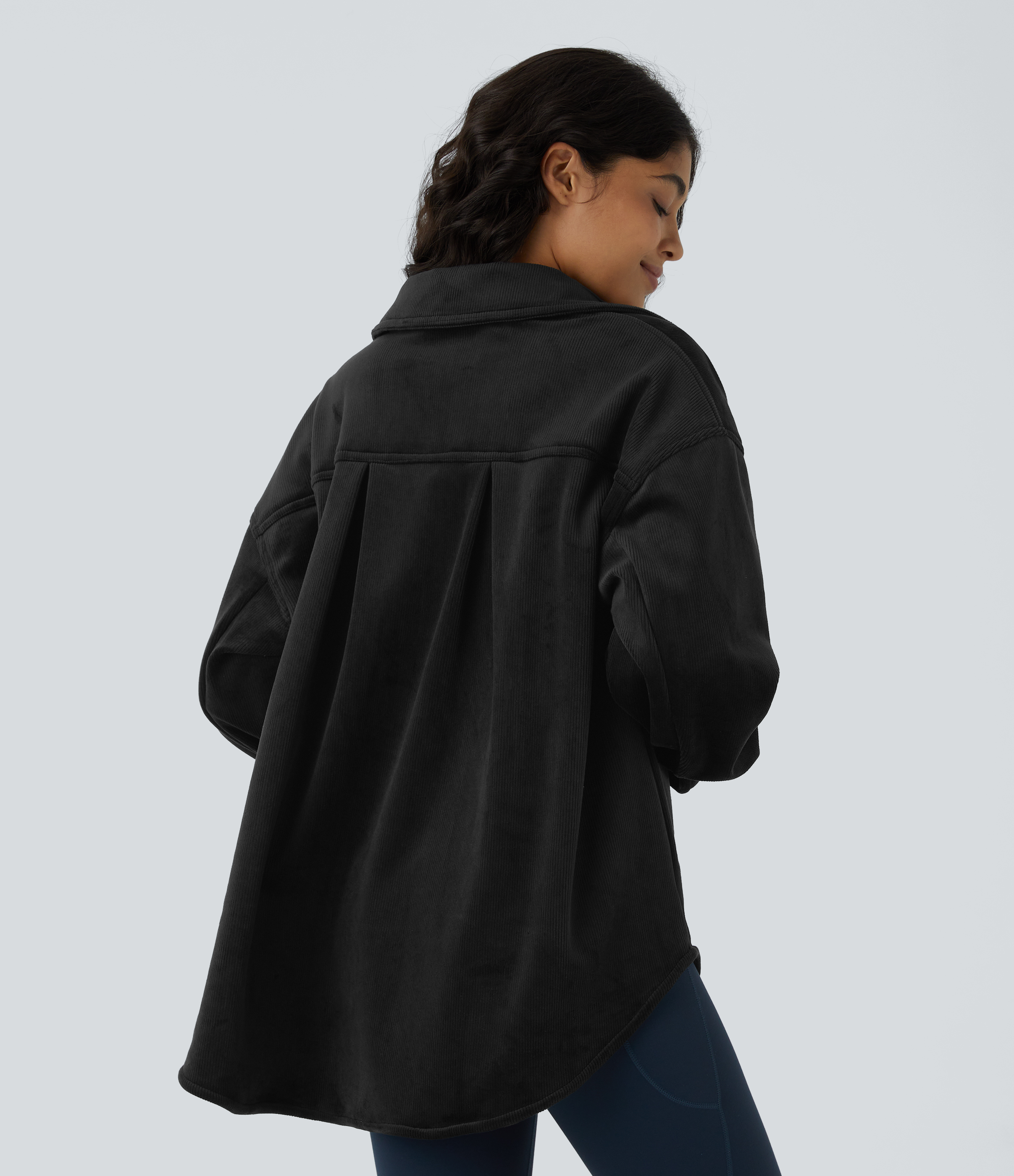 Halara Collared Button Long Sleeve Chest Pocket Curved Hem Fleece Corduroy Casual Jacket  - Black - XL 