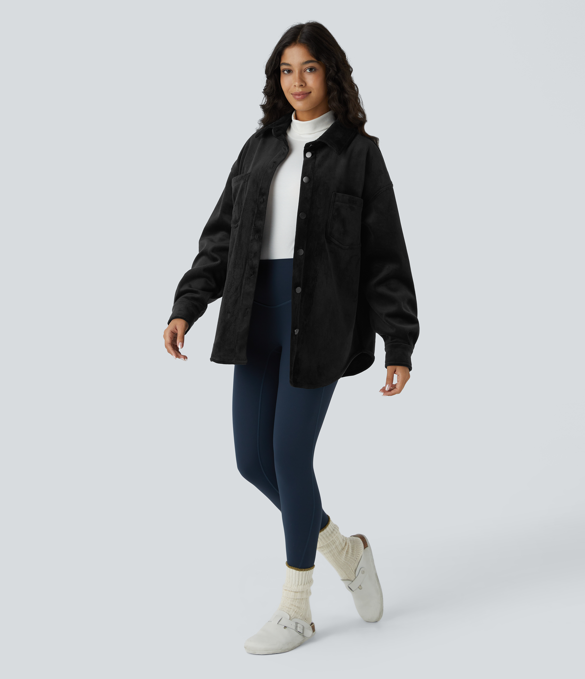 Halara Collared Button Long Sleeve Chest Pocket Curved Hem Fleece Corduroy Casual Jacket  - Black - XL 
