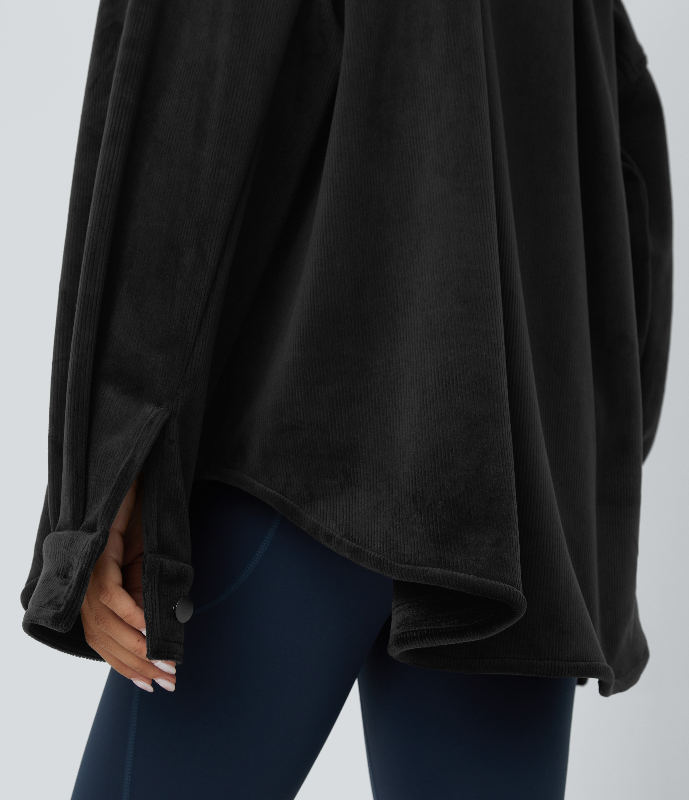 Halara Collared Button Long Sleeve Chest Pocket Curved Hem Fleece Corduroy Casual Jacket  - Black - XL 