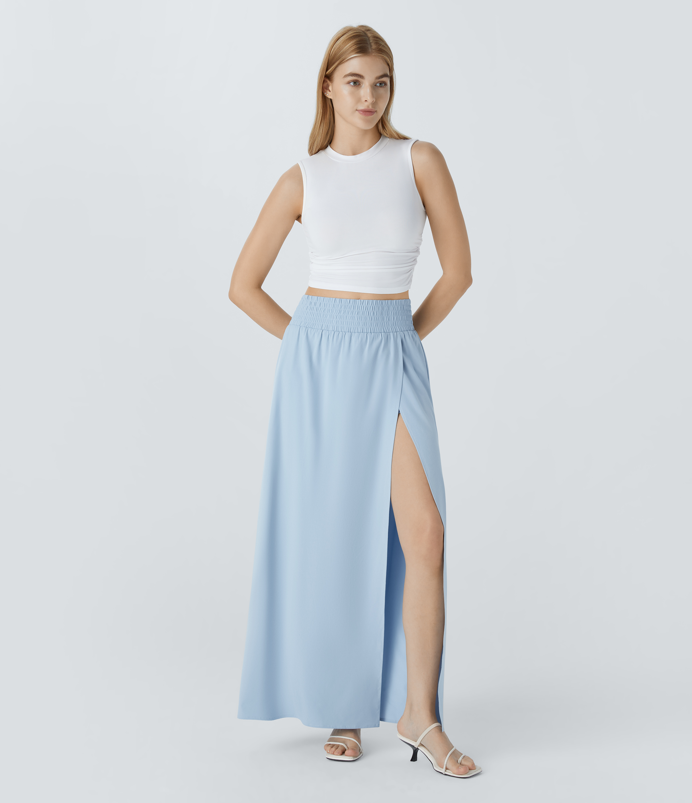 Halara Breezefulв„ў High Waisted Split 2-in-1 Side Pocket Flowy Maxi Quick Dry Casual Skirt  - Ballad Blue - XL(regular) 