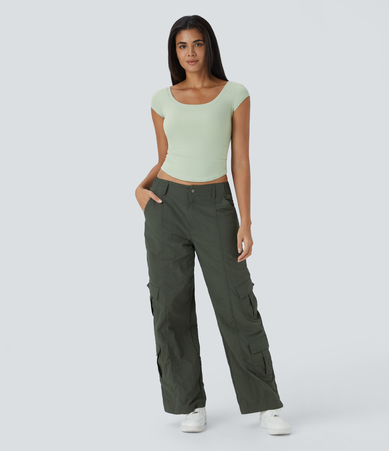 Halara U Neck Short Sleeve Ruched Curved Hem Cropped Casual Sports Top  - Green Lily - L 