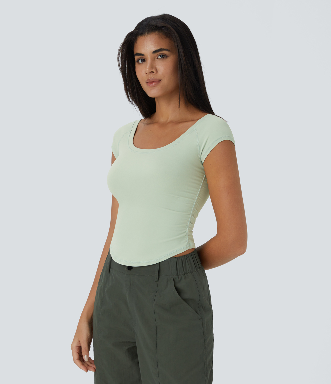 Halara U Neck Short Sleeve Ruched Curved Hem Cropped Casual Sports Top  - Green Lily - L 