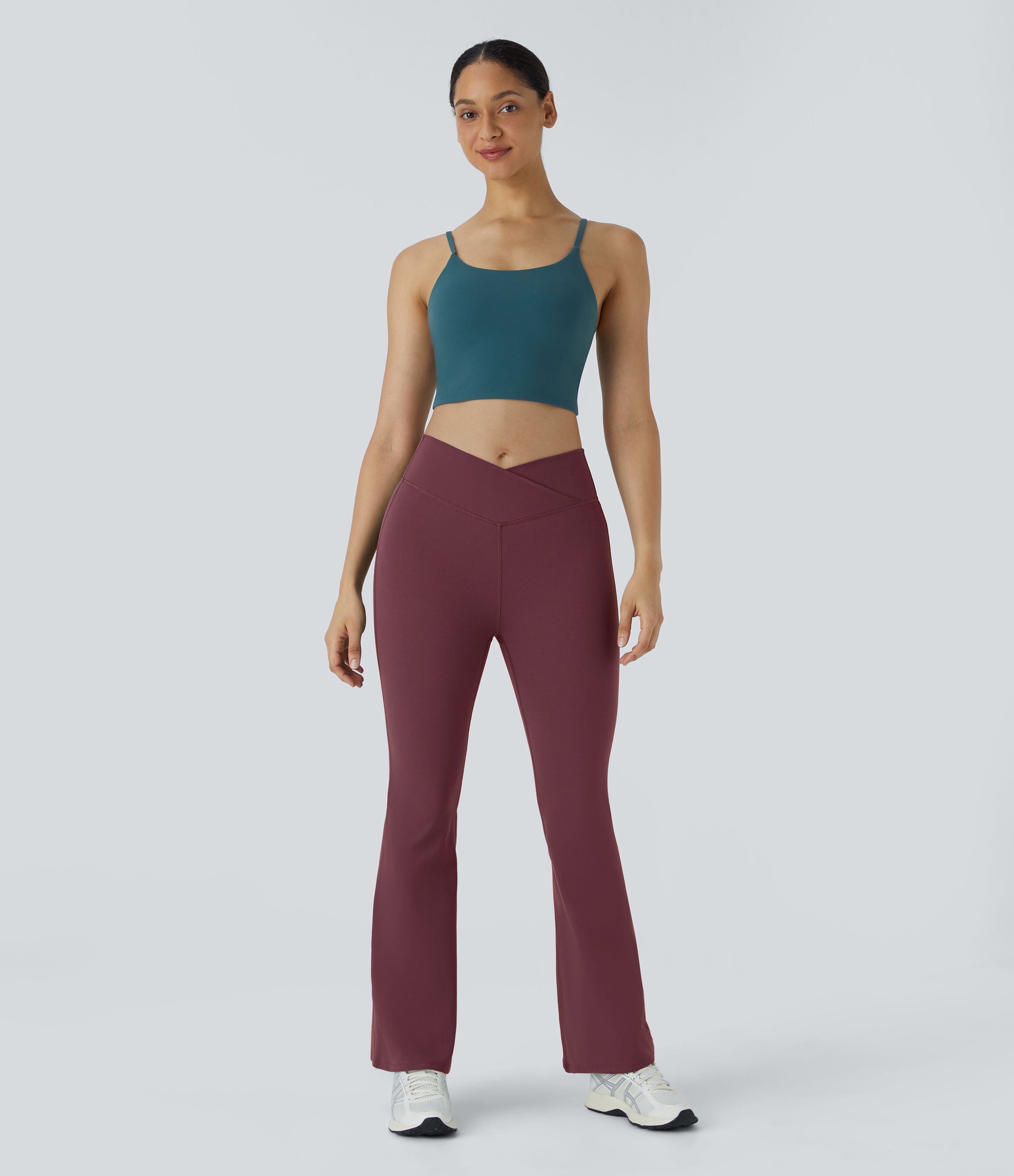 Halara High Waisted Crossover Flare Yoga Leggings  - Red Mahogany - XL(petite) gym leggings leggings with pockets leggings with butt lift 