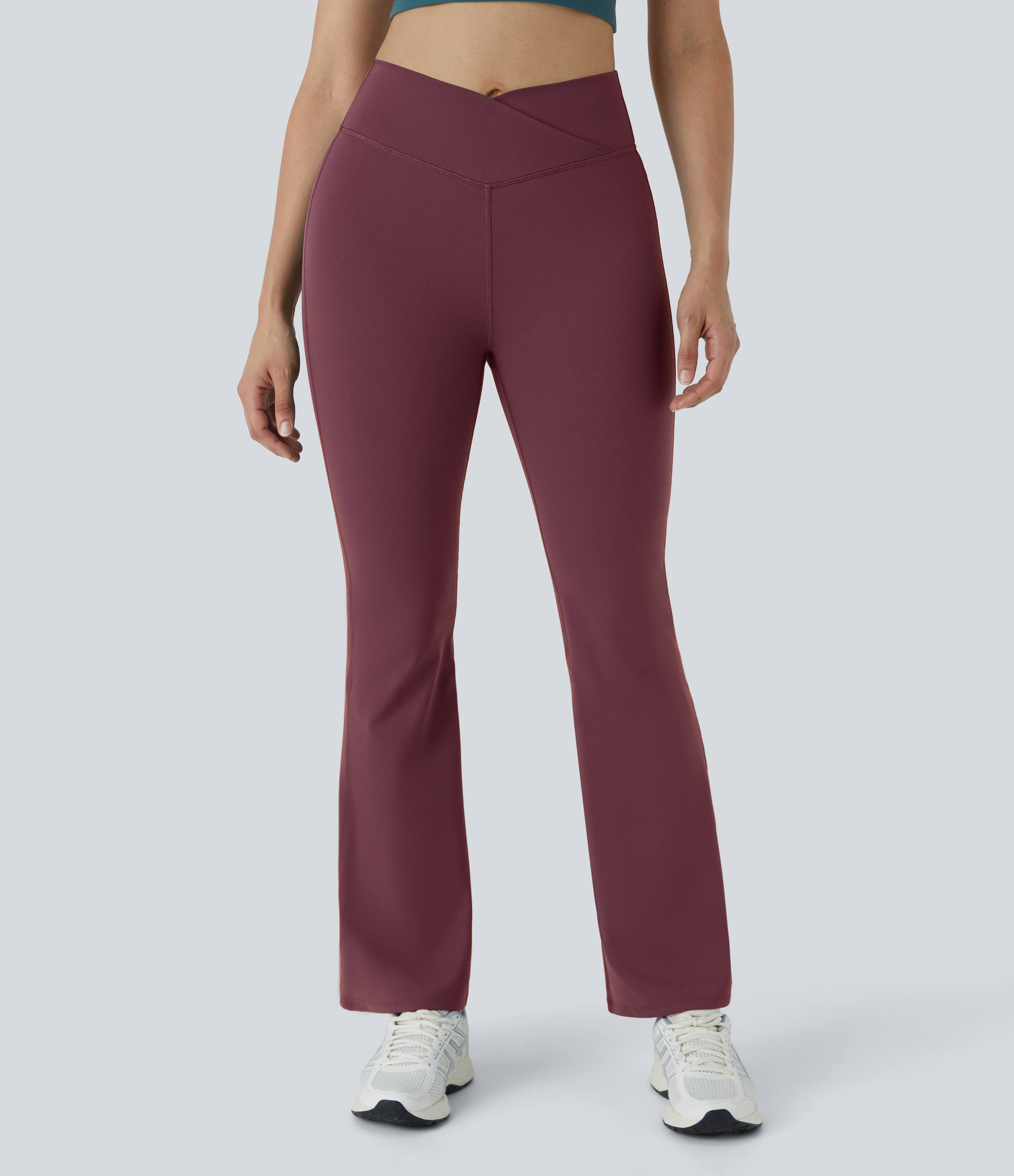 Halara High Waisted Crossover Flare Yoga Leggings  - Red Mahogany - XL(petite) gym leggings leggings with pockets leggings with butt lift 