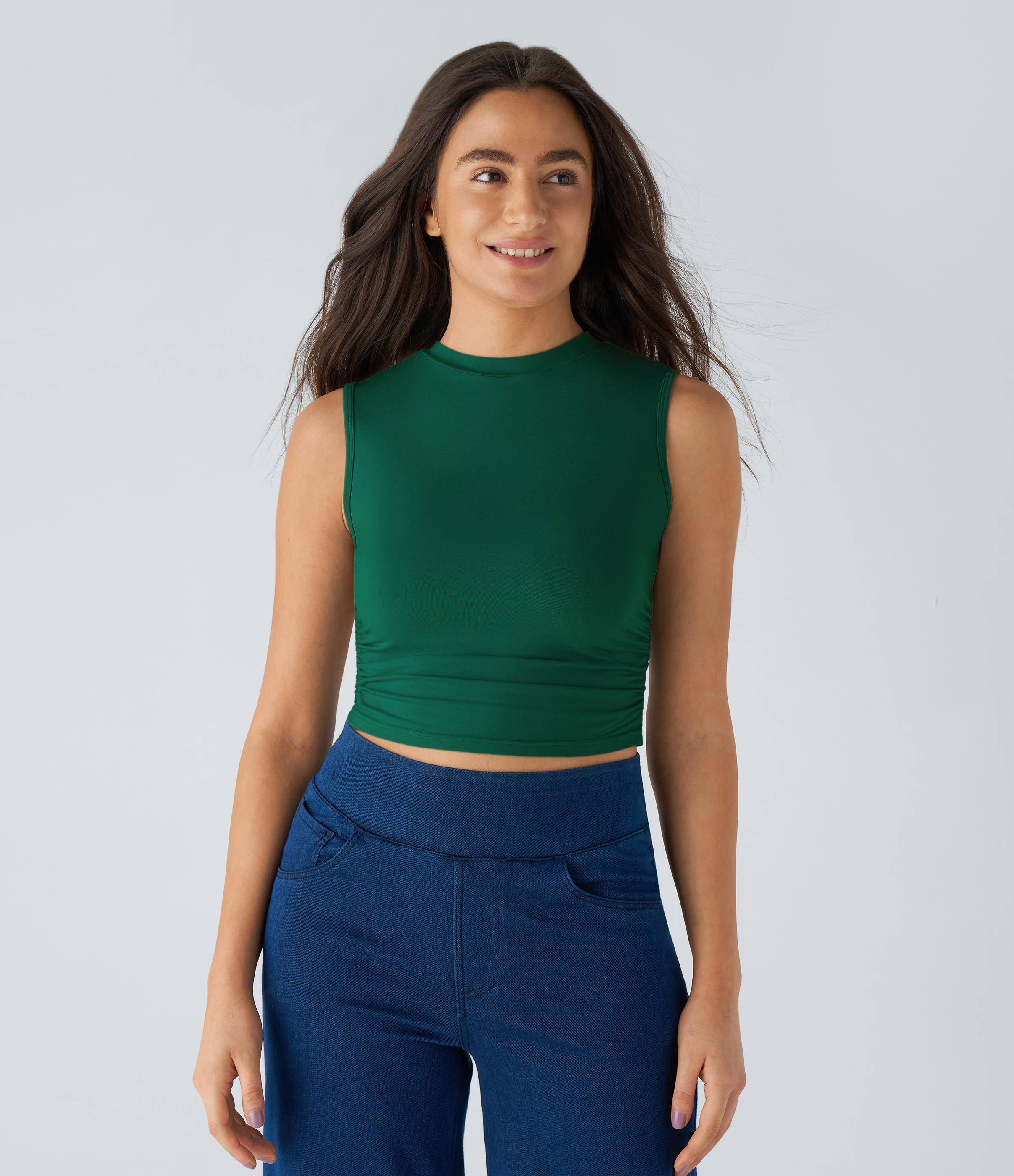 Halara Round Neck Ruched Skinny Cropped Casual Tank Top Tank Top - Evergreen - XL golf tops halter top tunic tops sleeveless tops 