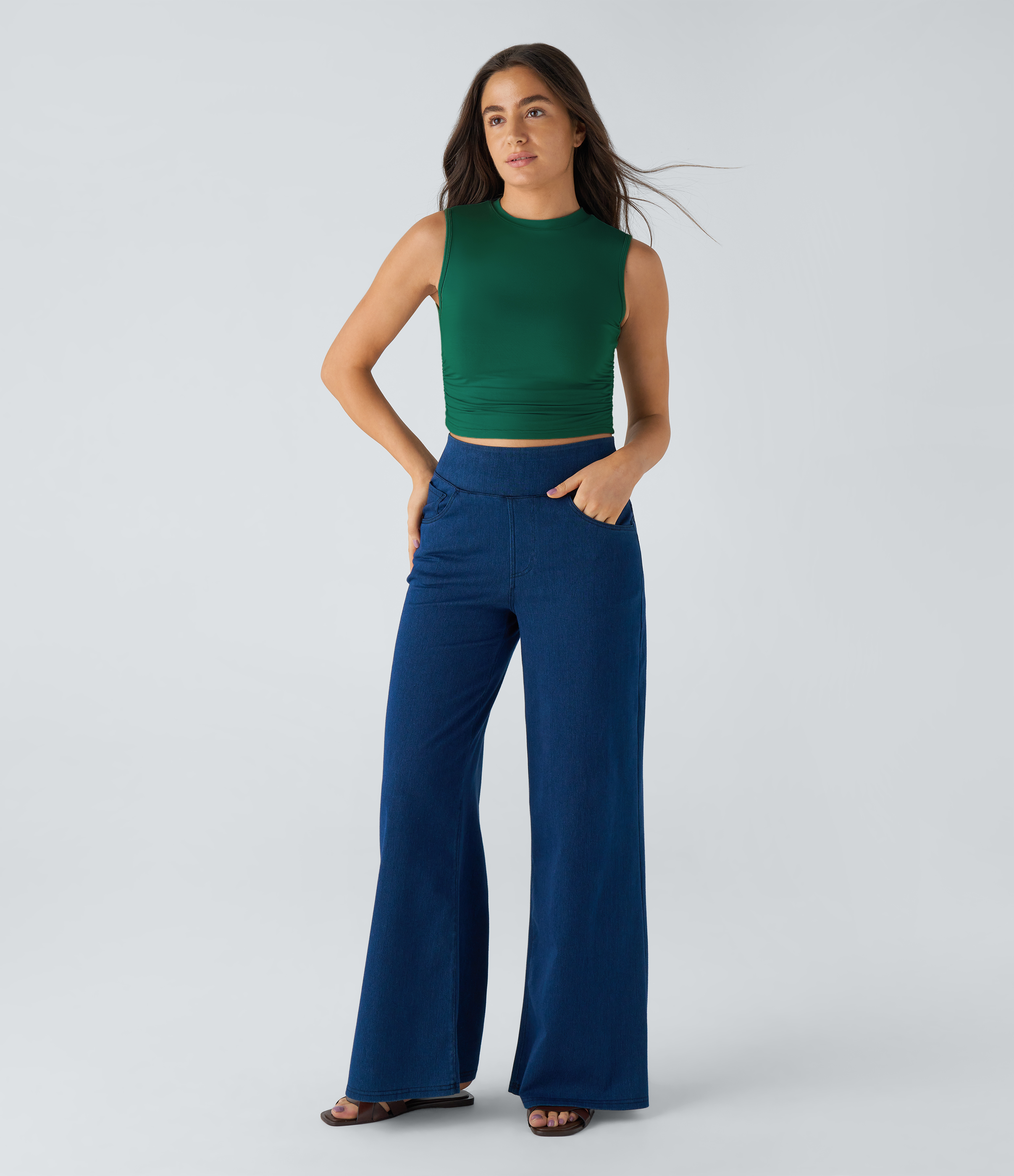 Halara Round Neck Ruched Skinny Cropped Casual Tank Top Tank Top - Evergreen - XL golf tops halter top tunic tops sleeveless tops 