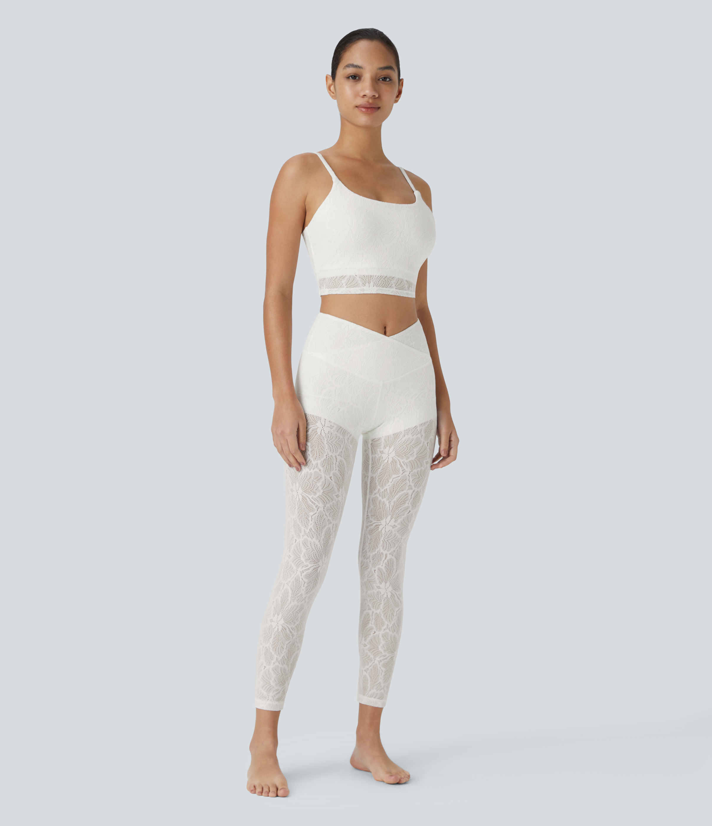 Halara High Waisted Crossover 2-in-1 7/8 Lace Casual Leggings  - White - M(7/8) 