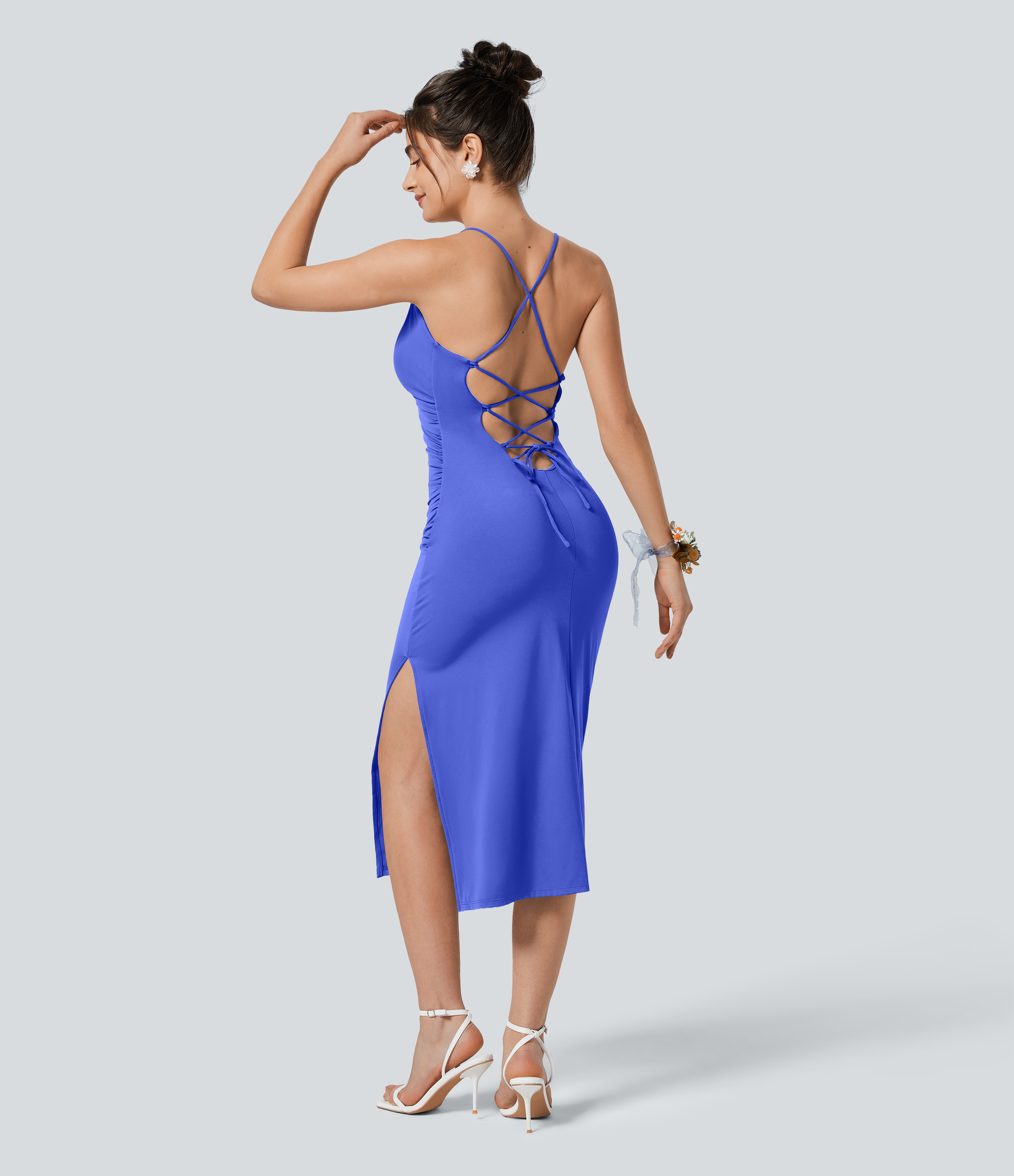 Halara Softlyzeroв„ў Airy Crossover Ruched Backless Lace Up Split Bodycon Cool Touch Bridesmaid And Wedding Guest Dress-UPF50+ Casual Dress - Aster Blue - XS 