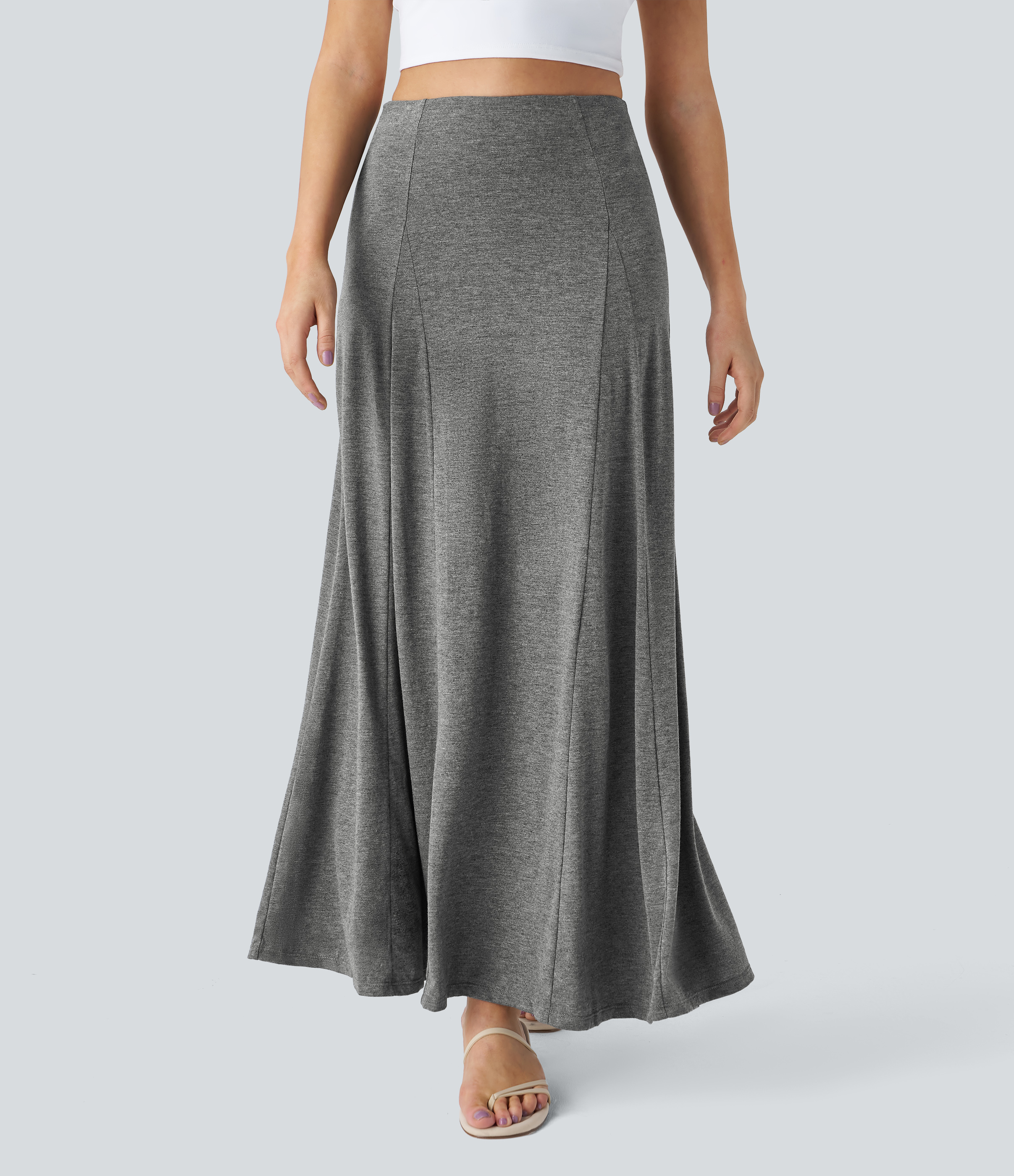 Halara High Waisted Side Zipper Maxi Casual Flare Skirt  - Darl Gray Floral Yarn - M(regular) 