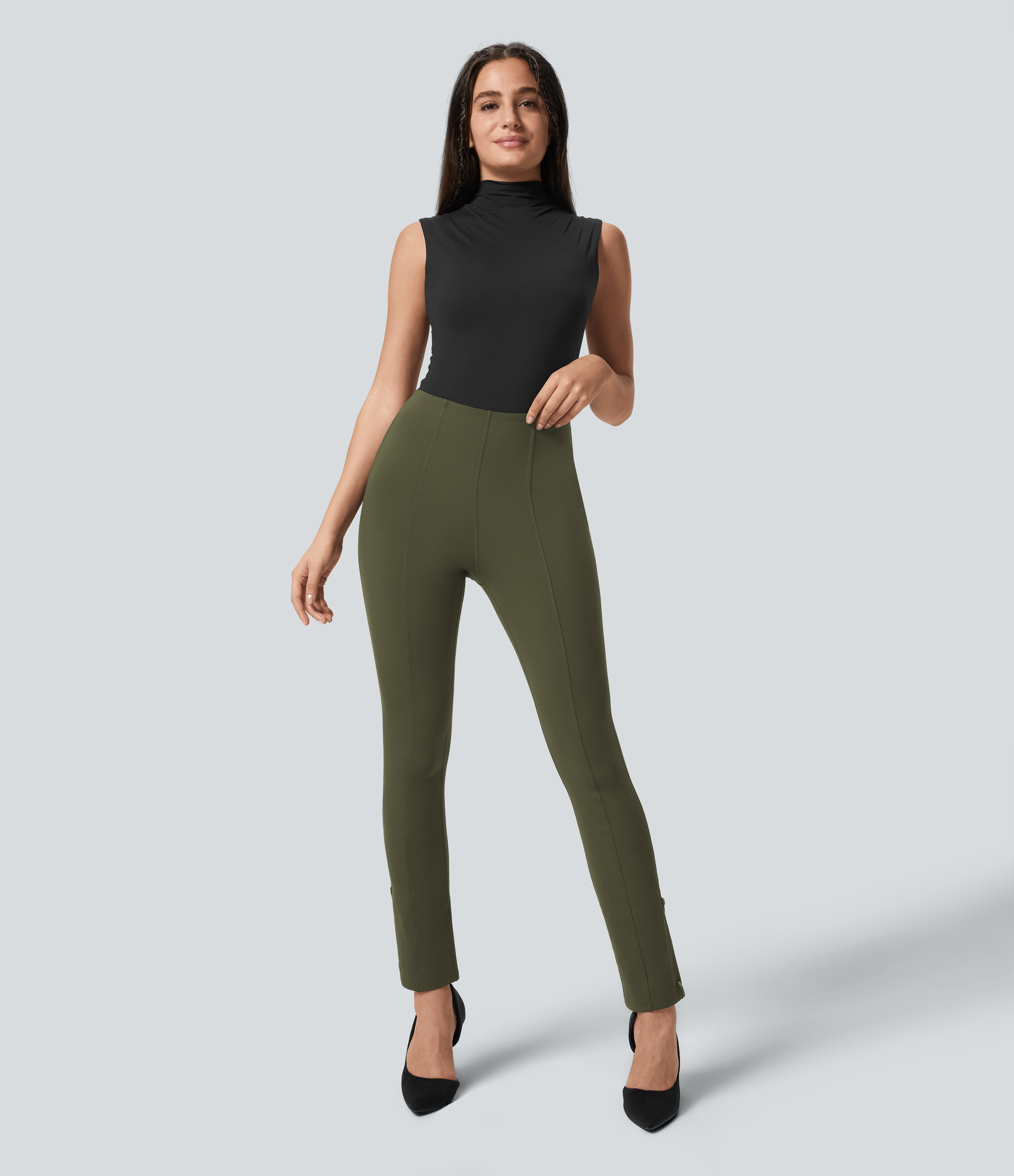 Halara EcoCloudfulв„ў Fabric High Waisted Tummy Control Adjustable Hem Work 7/8 Pants  - Lone Pine Green - L(7/8) 