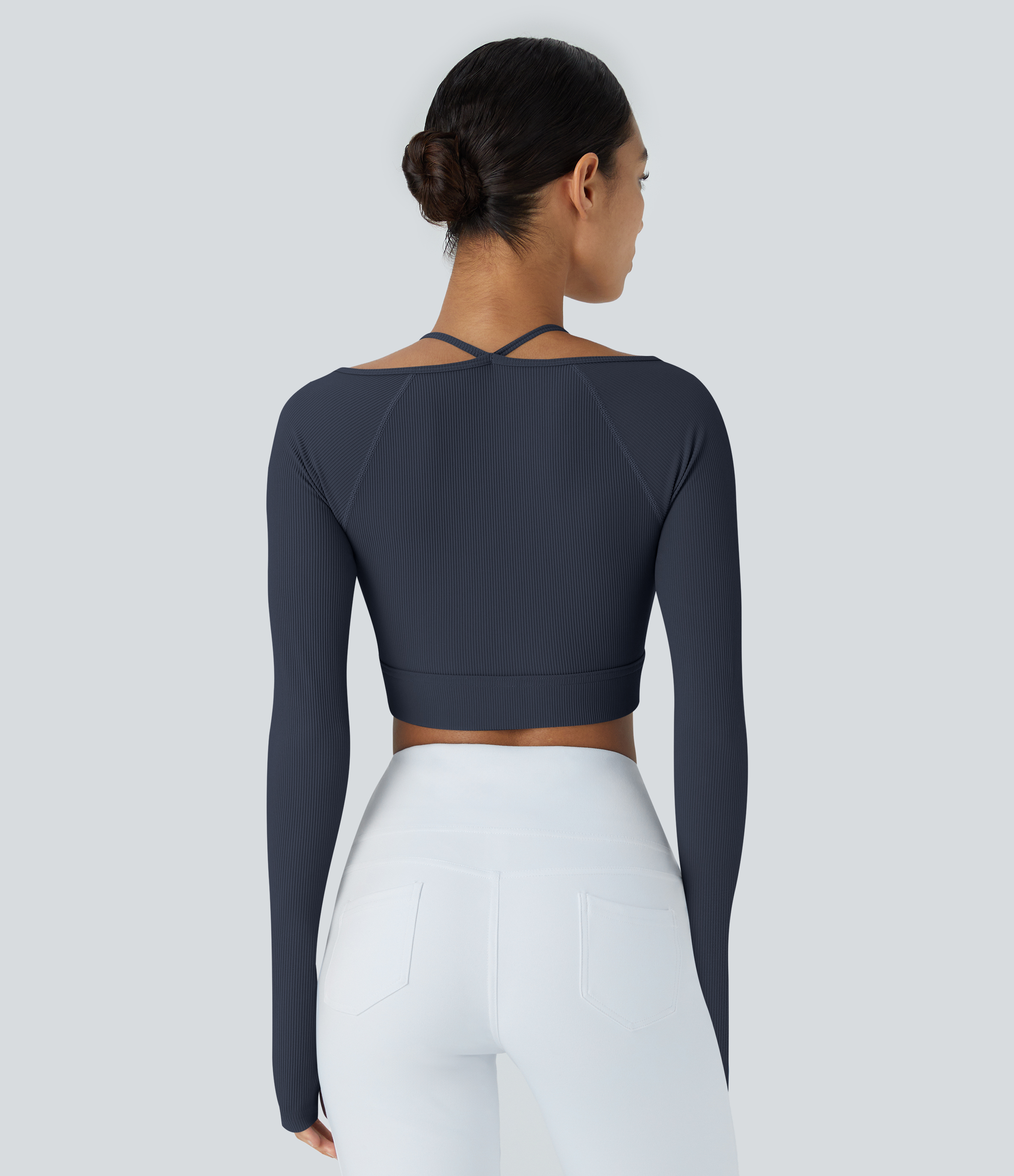 Halara Ribbed Halter Strap Thumb Hole Cropped Yoga Sports Top  - Navy Blazer - M 