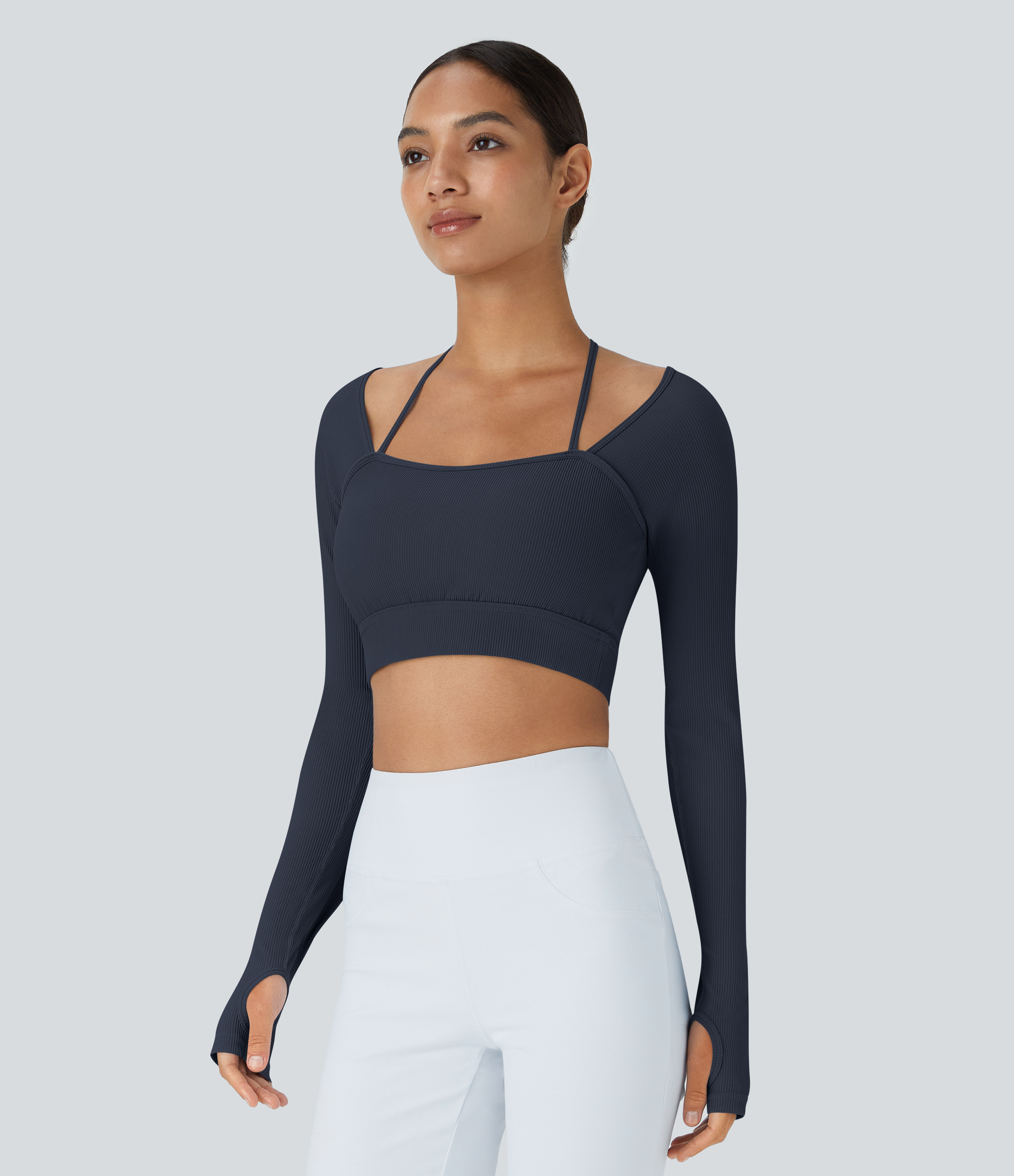 Halara Ribbed Halter Strap Thumb Hole Cropped Yoga Sports Top  - Navy Blazer - M 