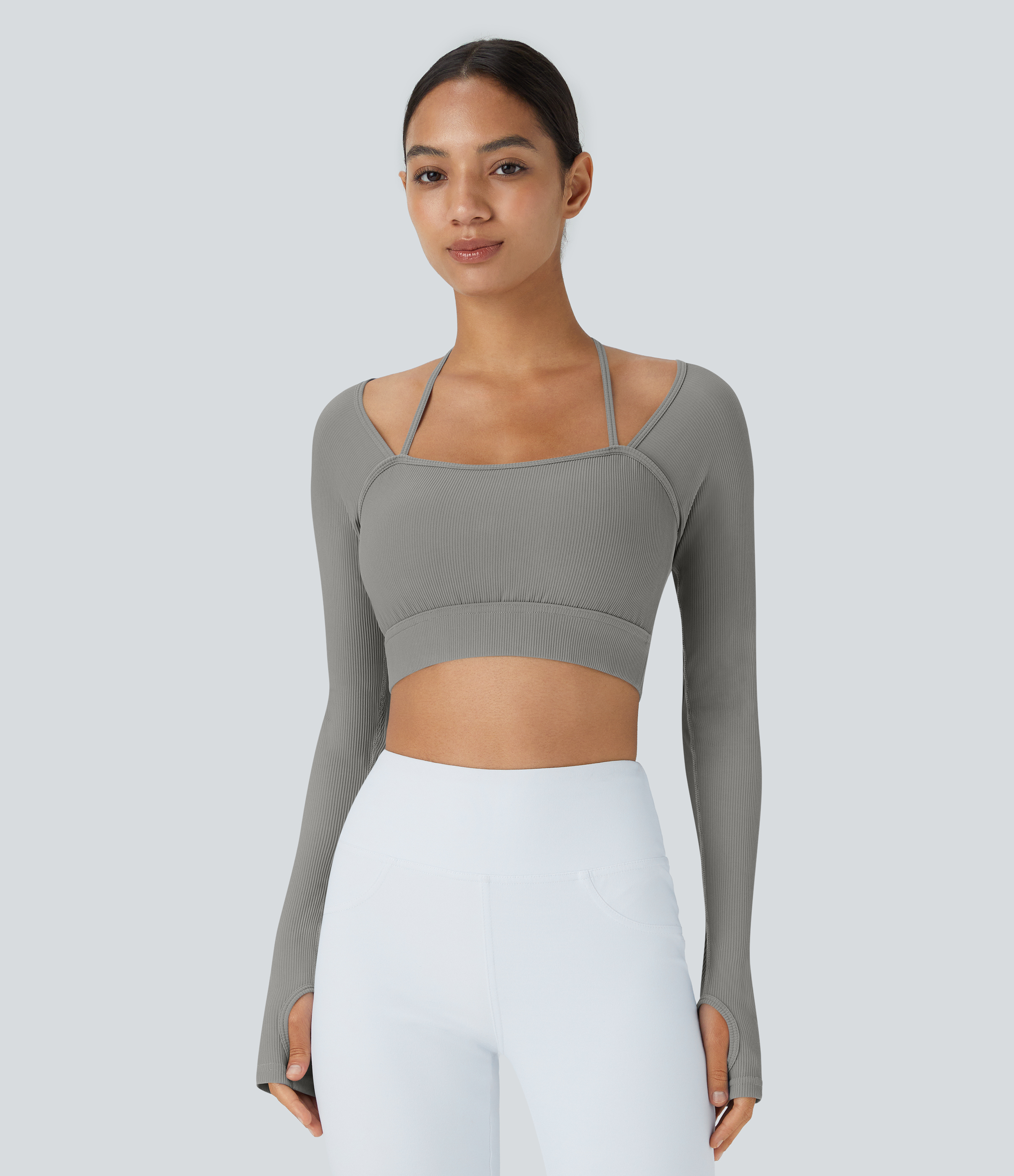 Halara Ribbed Halter Strap Thumb Hole Cropped Yoga Sports Top  - Mockingbird - XS 