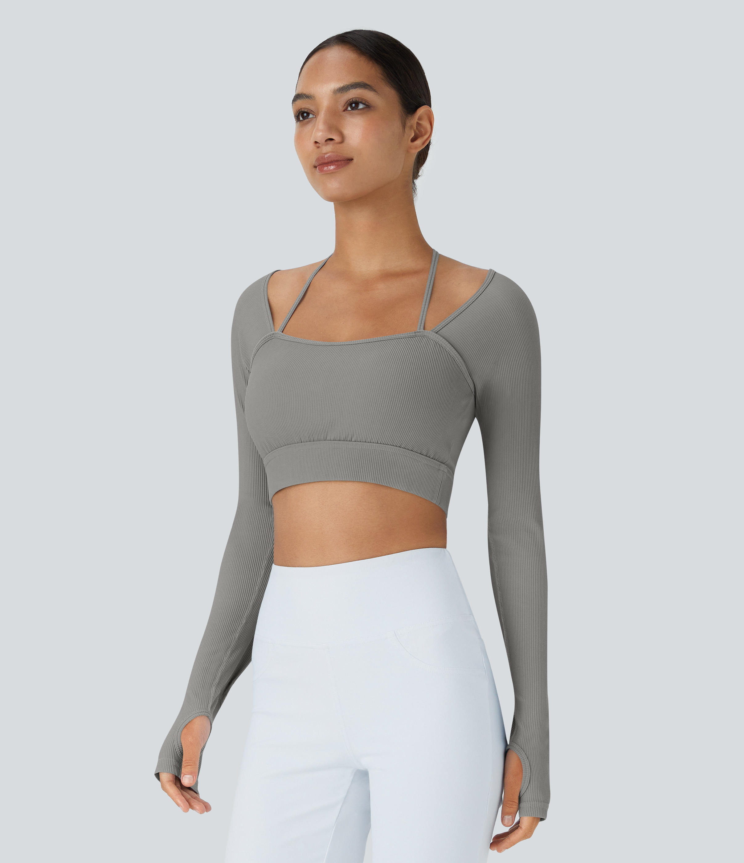 Halara Ribbed Halter Strap Thumb Hole Cropped Yoga Sports Top  - Mockingbird - XS 