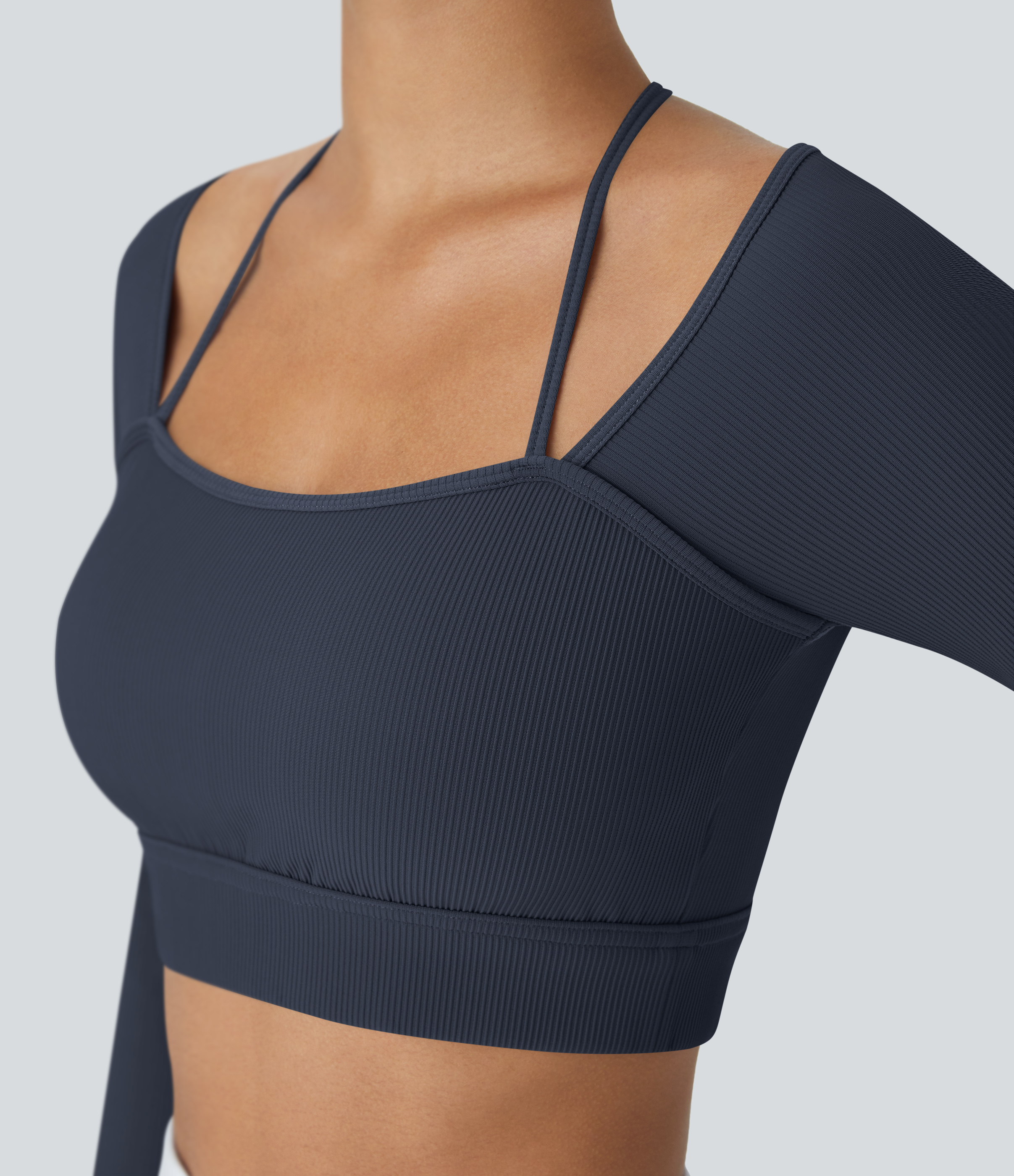 Halara Ribbed Halter Strap Thumb Hole Cropped Yoga Sports Top  - Navy Blazer - M 