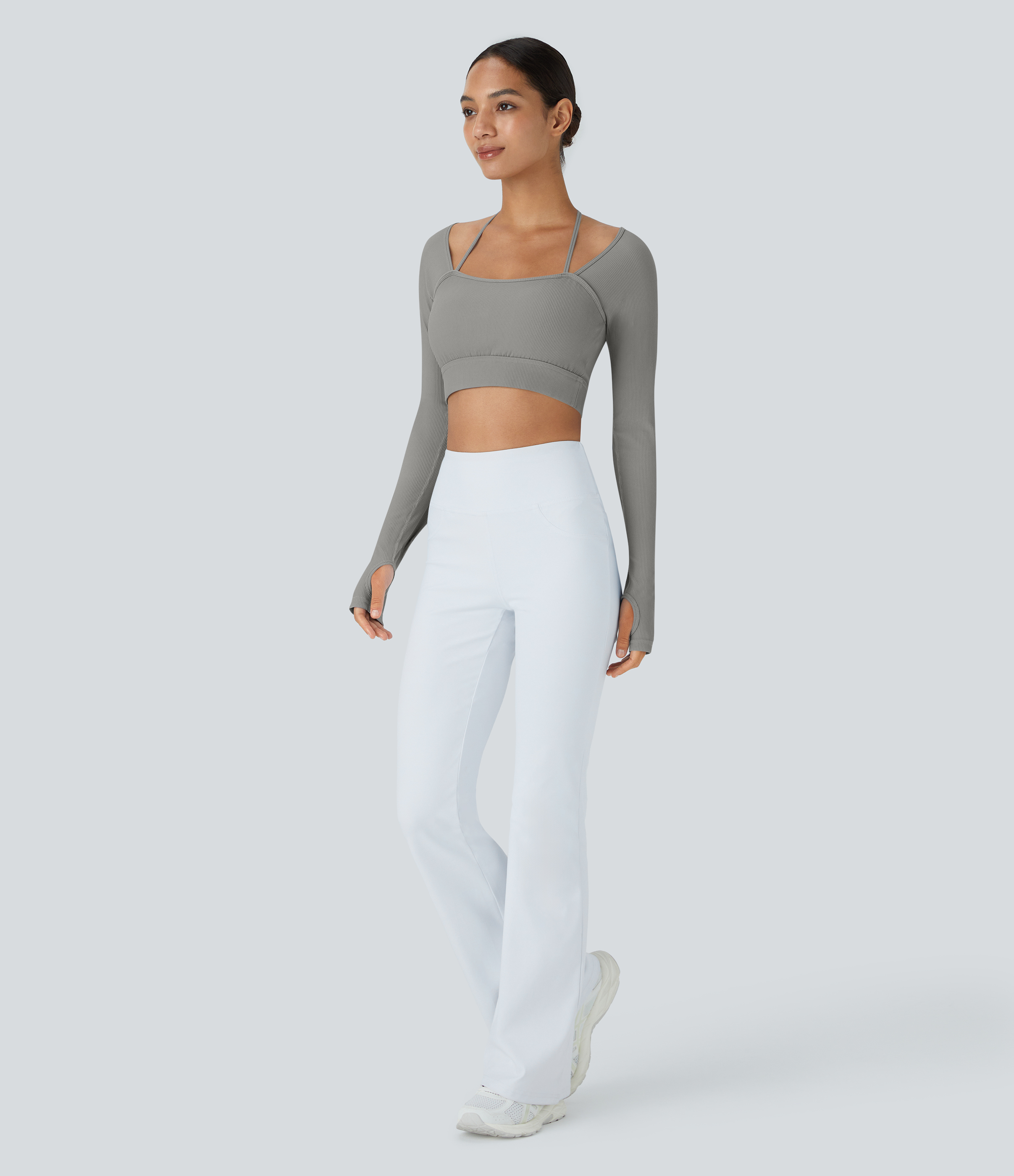 Halara Ribbed Halter Strap Thumb Hole Cropped Yoga Sports Top  - Mockingbird - XS 