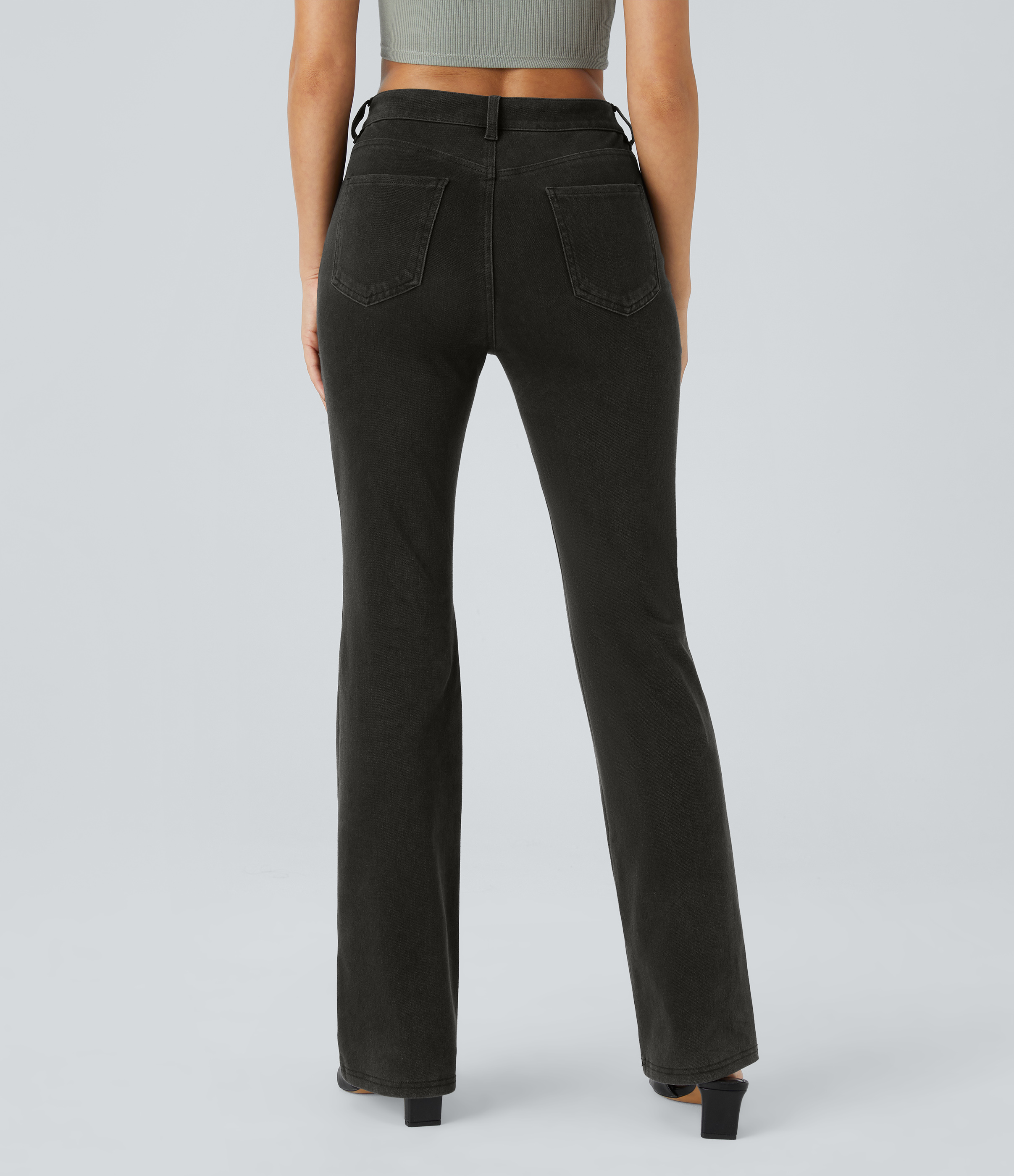 Halara HalaraMagicв„ў Mid Rise Button Pockets Stretchy Knit Denim Casual Slight Flare Pants  - Washed Denim Black - M sweatpants jogger pants 