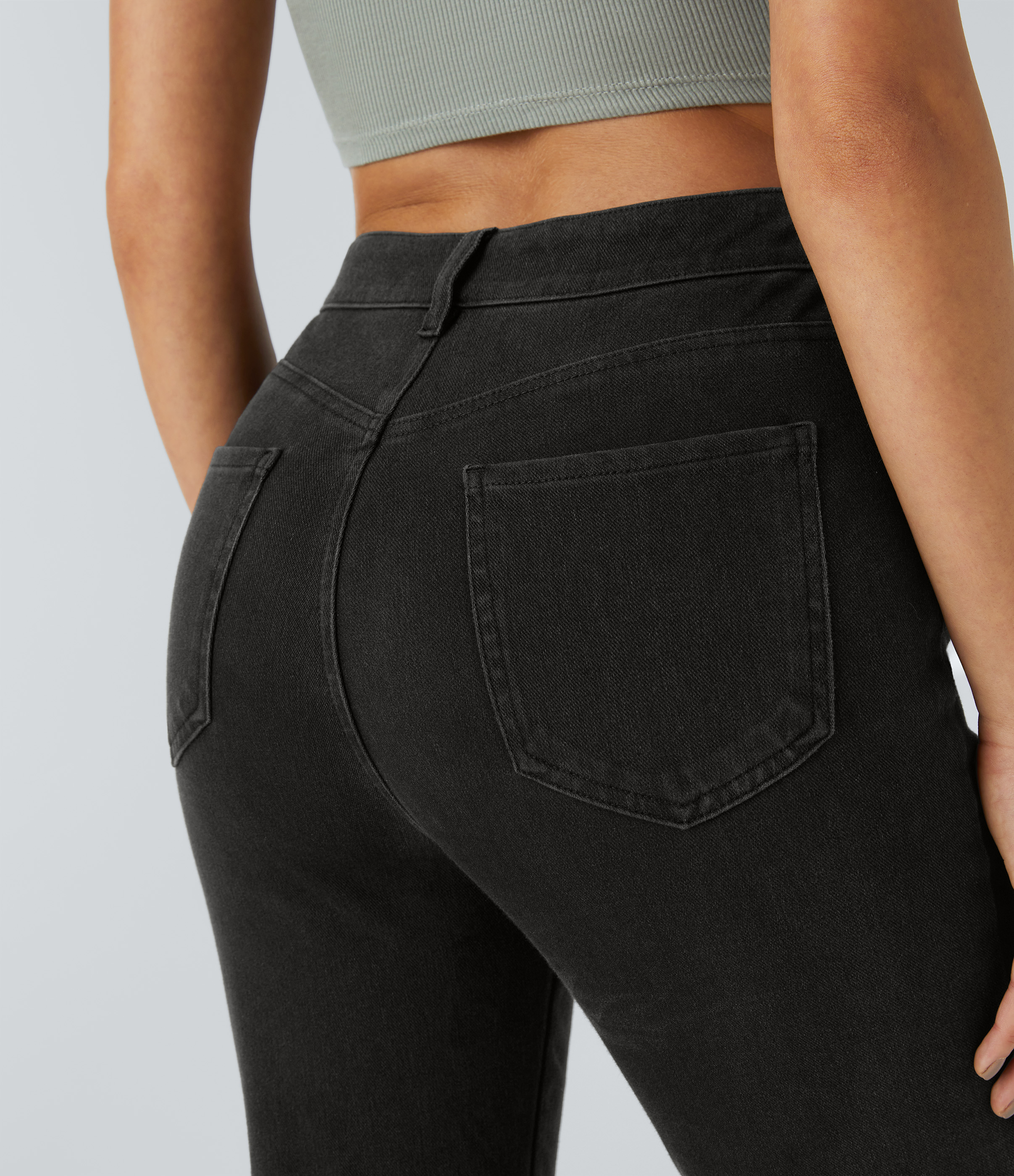 Halara HalaraMagicв„ў Mid Rise Button Pockets Stretchy Knit Denim Casual Slight Flare Pants  - Washed Denim Black - M sweatpants jogger pants 