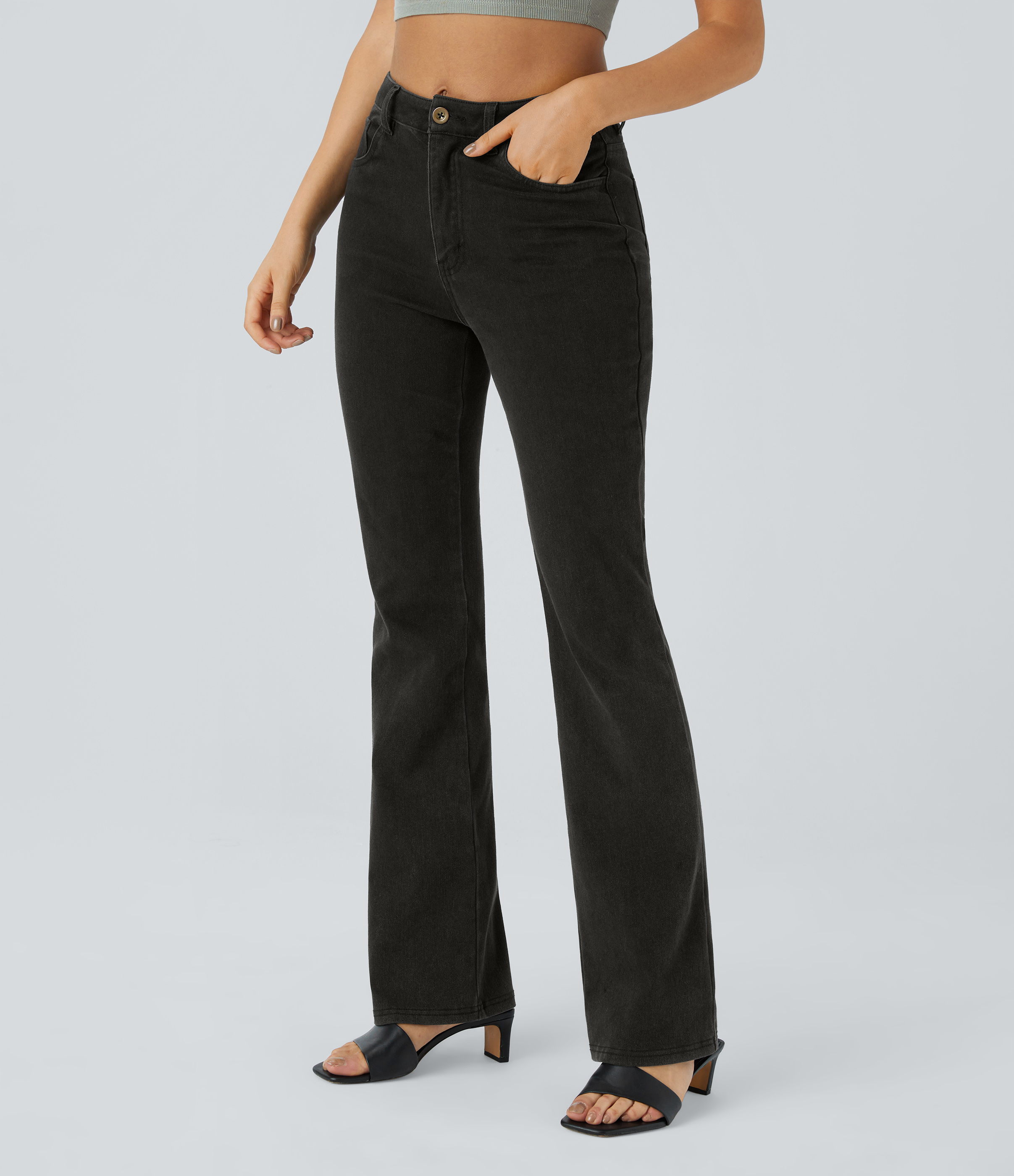 Halara HalaraMagicв„ў Mid Rise Button Pockets Stretchy Knit Denim Casual Slight Flare Pants  - Washed Denim Black - M sweatpants jogger pants 