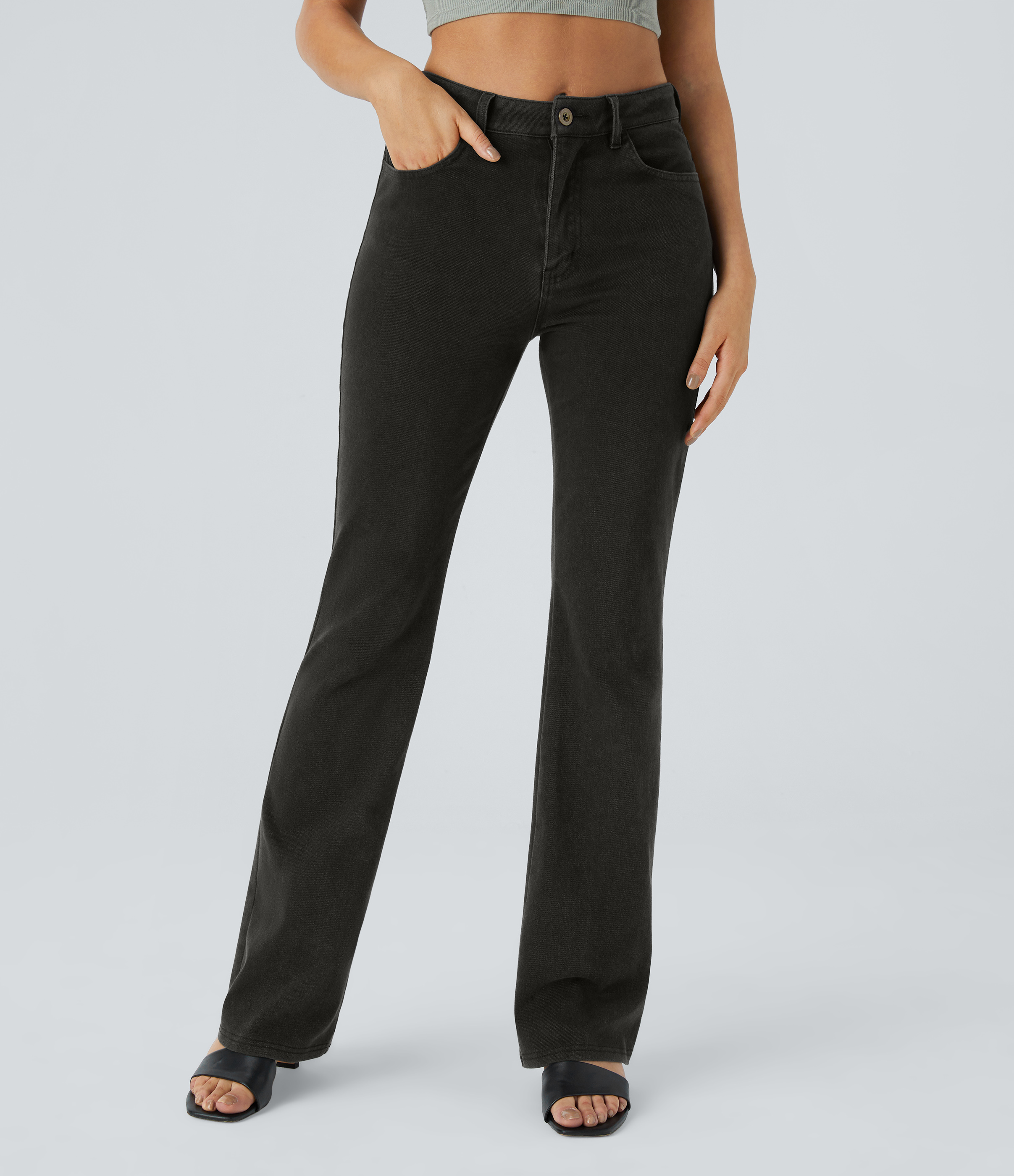 Halara HalaraMagicв„ў Mid Rise Button Pockets Stretchy Knit Denim Casual Slight Flare Pants  - Washed Denim Black - M sweatpants jogger pants 