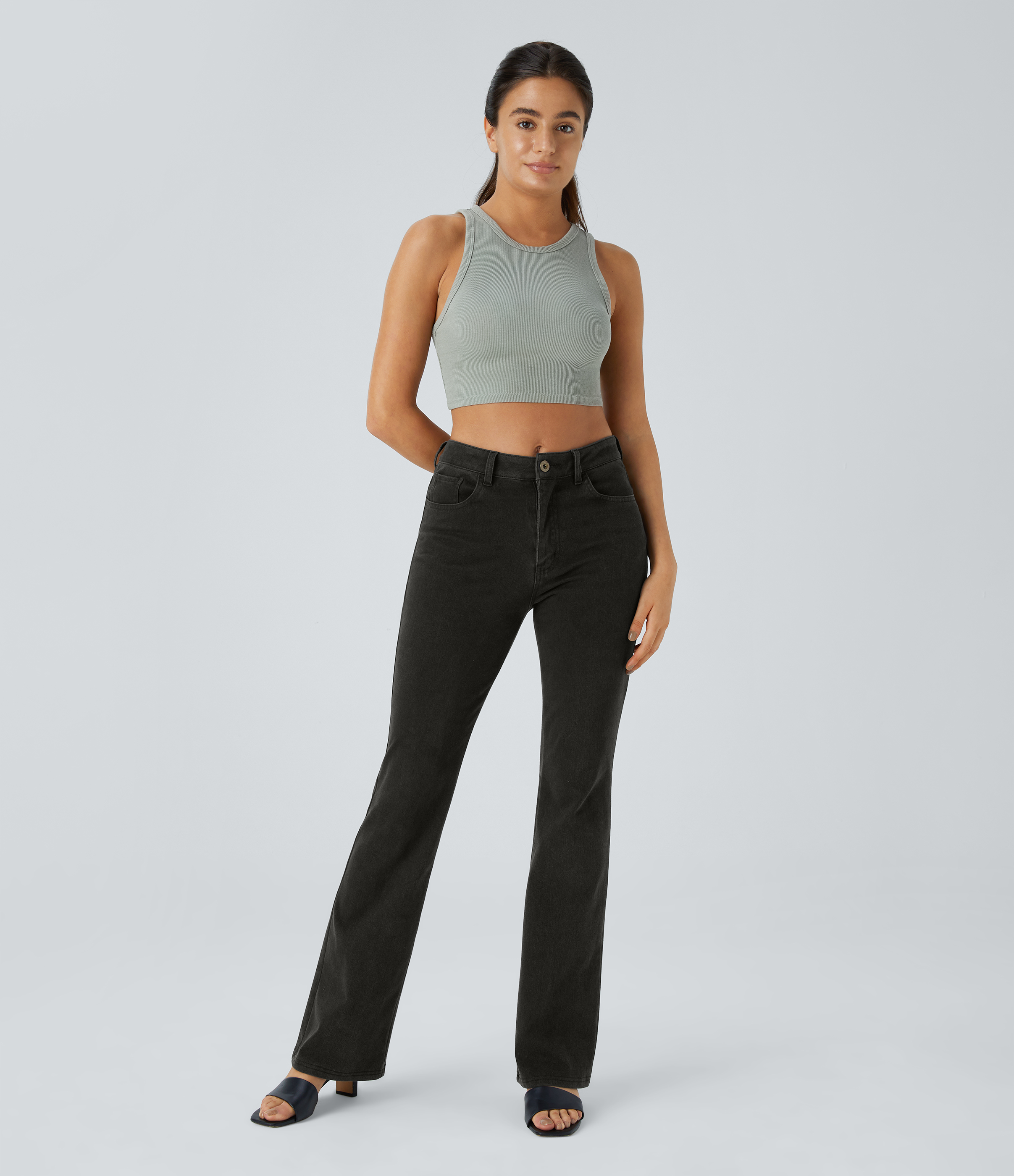 Halara HalaraMagicв„ў Mid Rise Button Pockets Stretchy Knit Denim Casual Slight Flare Pants  - Washed Denim Black - M sweatpants jogger pants 