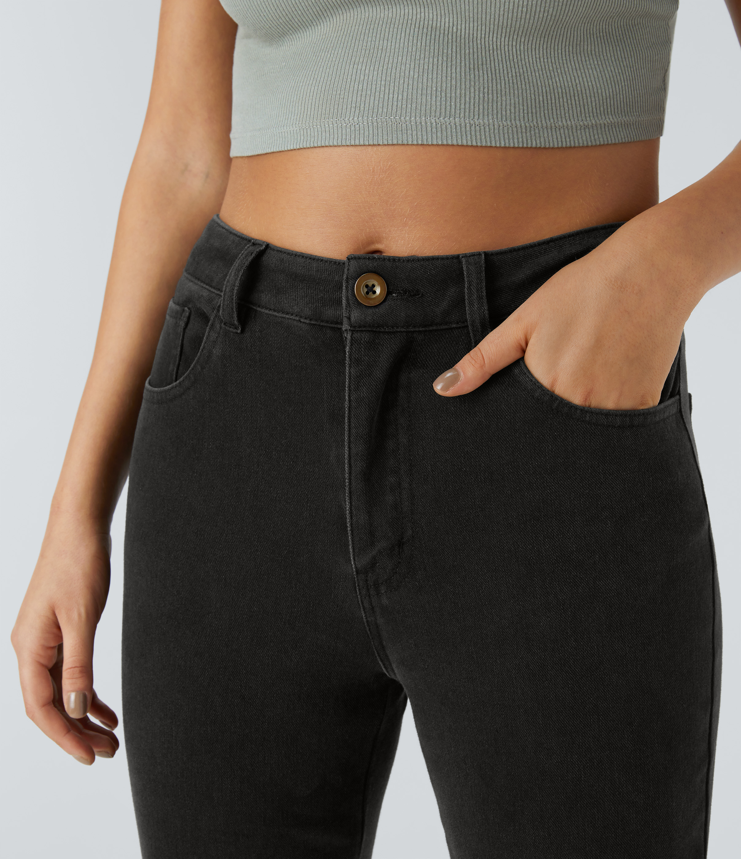 Halara HalaraMagicв„ў Mid Rise Button Pockets Stretchy Knit Denim Casual Slight Flare Pants  - Washed Denim Black - M sweatpants jogger pants 