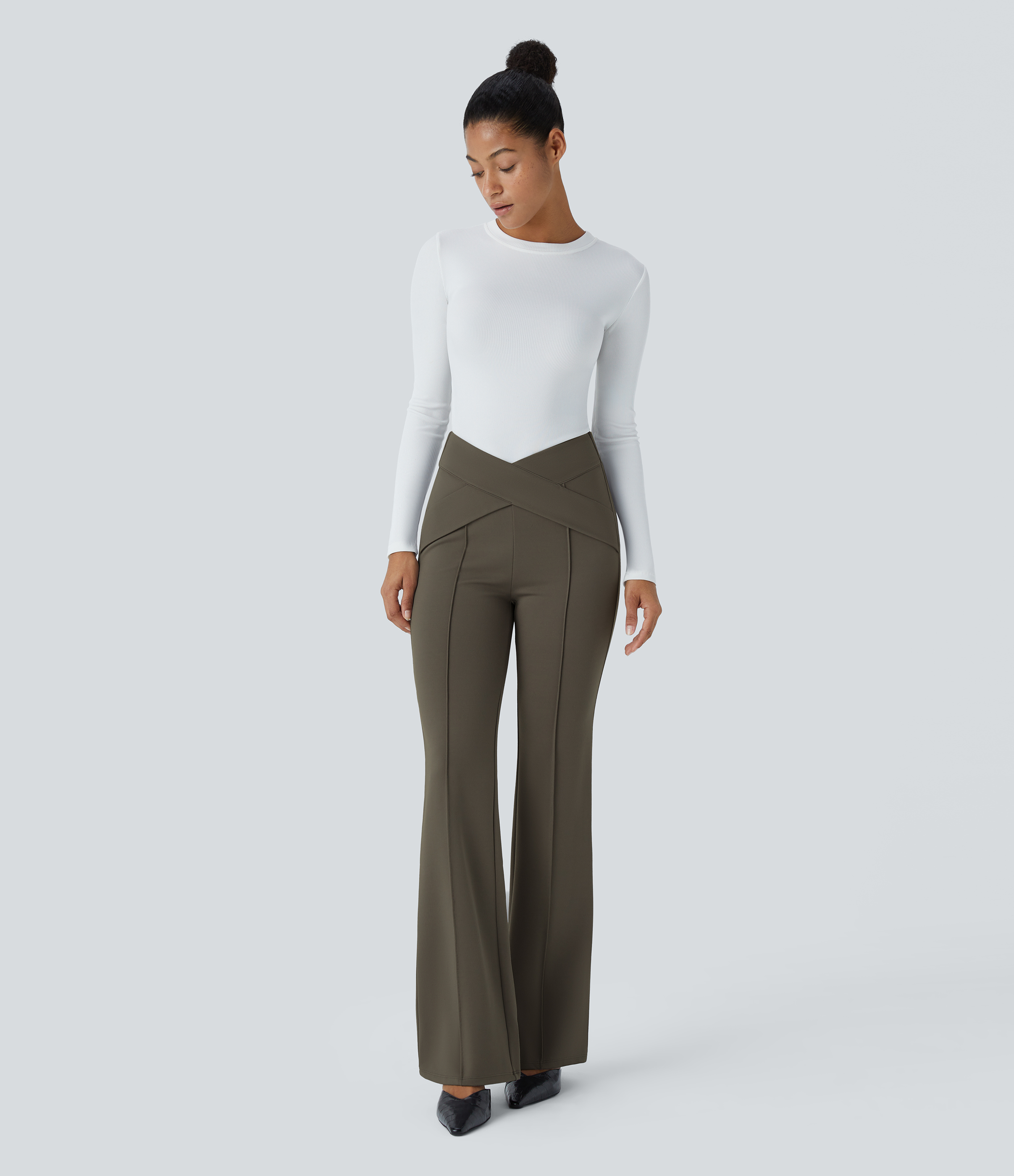 Halara High Waisted Crossover Casual Slight Flare Pants  - Forest Night - S(regular) sweatpants jogger pants stacked sweatpants cargo joggers 