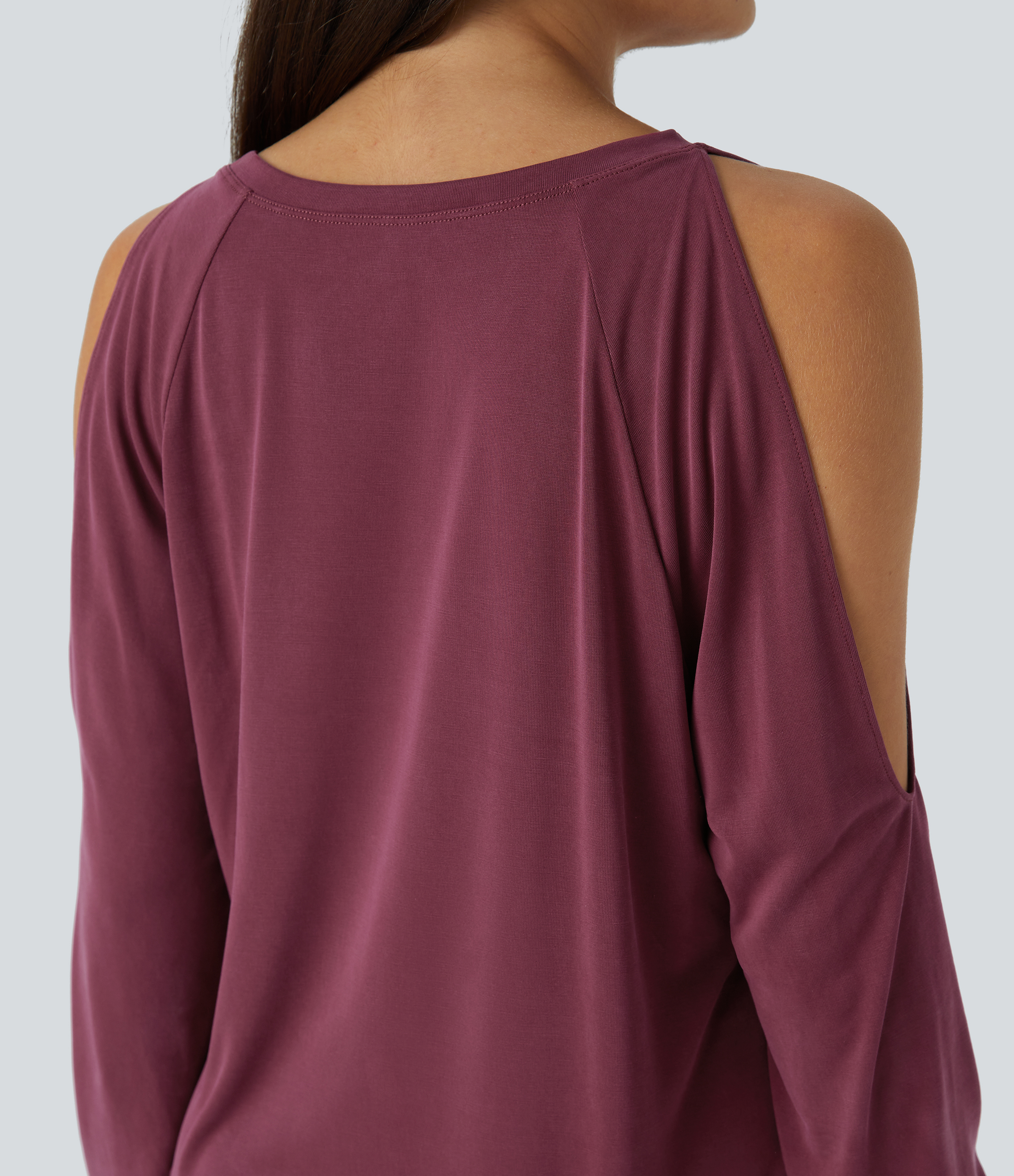 Halara Round Neck Cold Shoulder Long Sleeve Thumb Hole Curved Hem Yoga Sports Top  - Oxblood Red - XL 