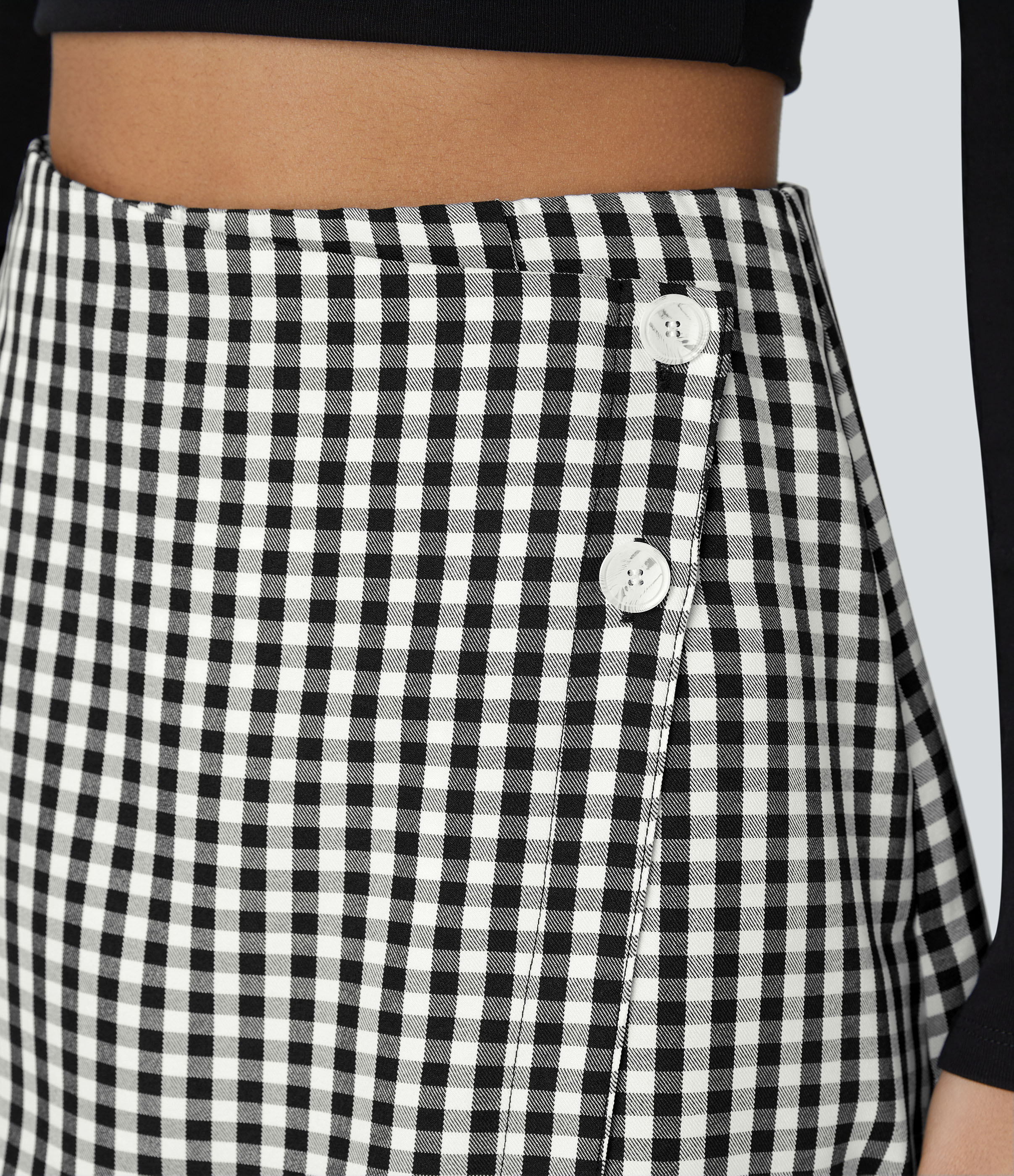 Halara High Waisted Button Wrap Invisible Zipper 2-in-1 Gingham A Line Mini Casual Skirt  - Black White Gingham - XS(regular) 