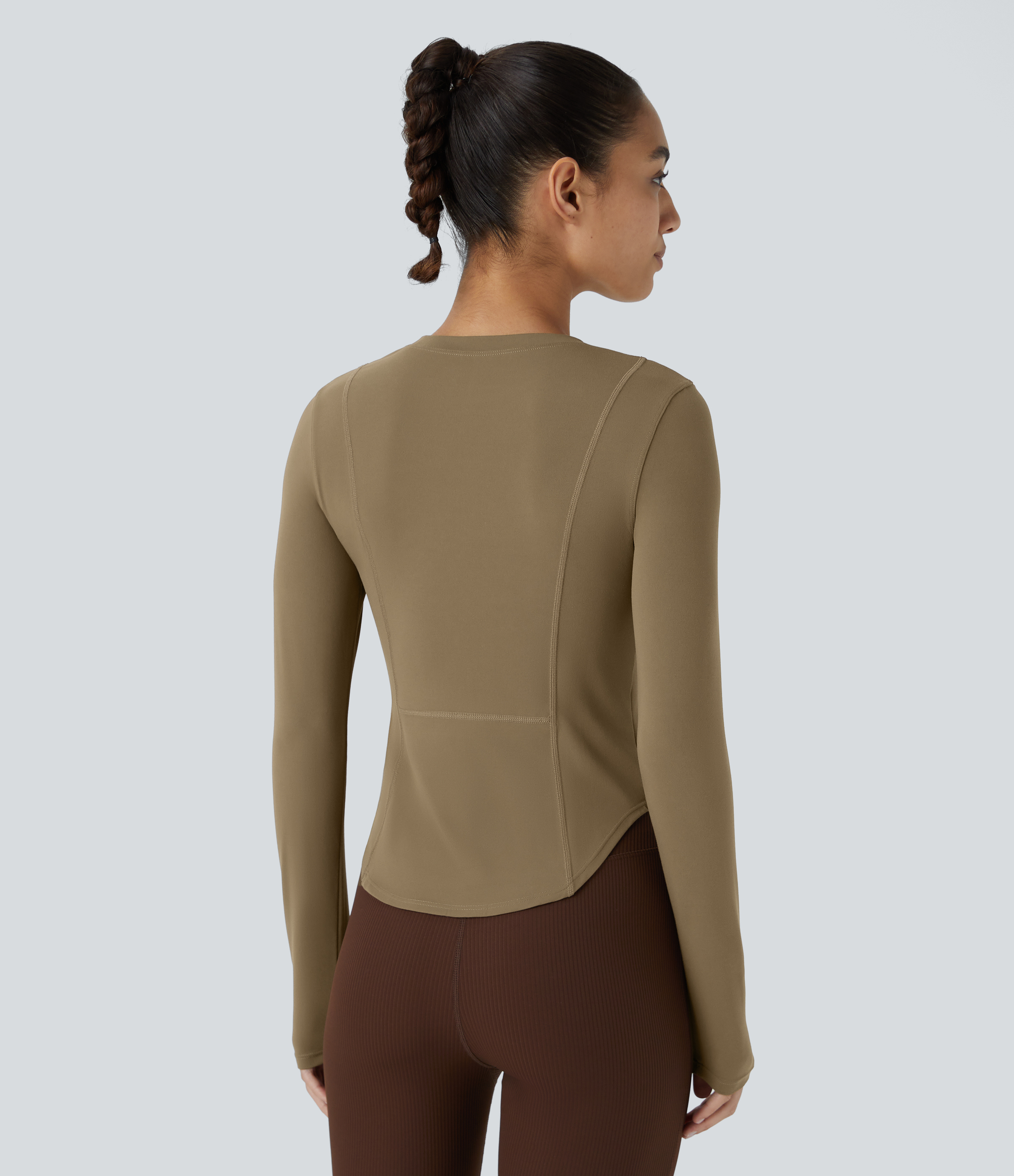 Halara Softlyzeroв„ў Round Neck Long Sleeve Curved Hem Yoga Sports Top  - Chestnut Brown - XS 
