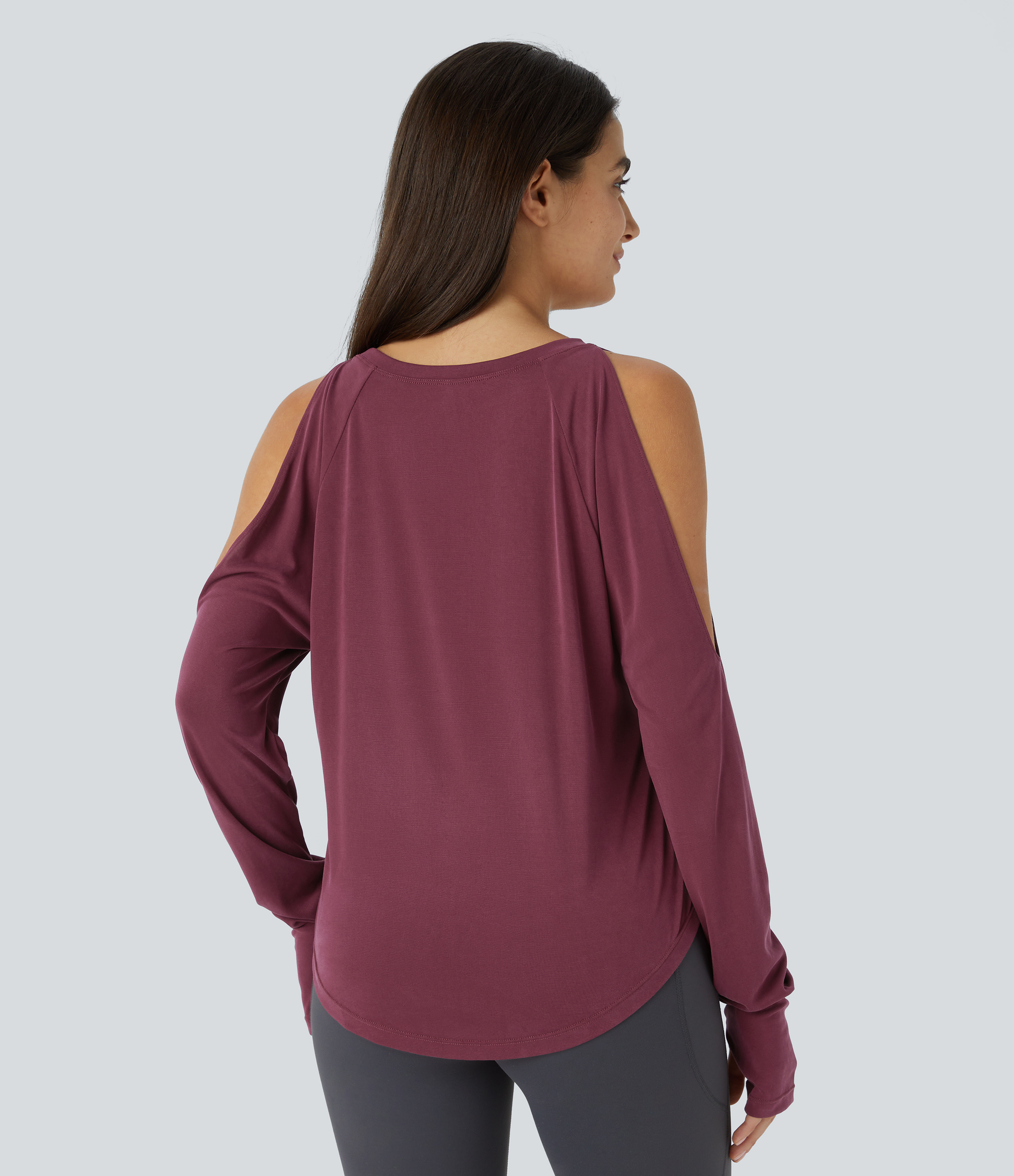 Halara Round Neck Cold Shoulder Long Sleeve Thumb Hole Curved Hem Yoga Sports Top  - Oxblood Red - XL 