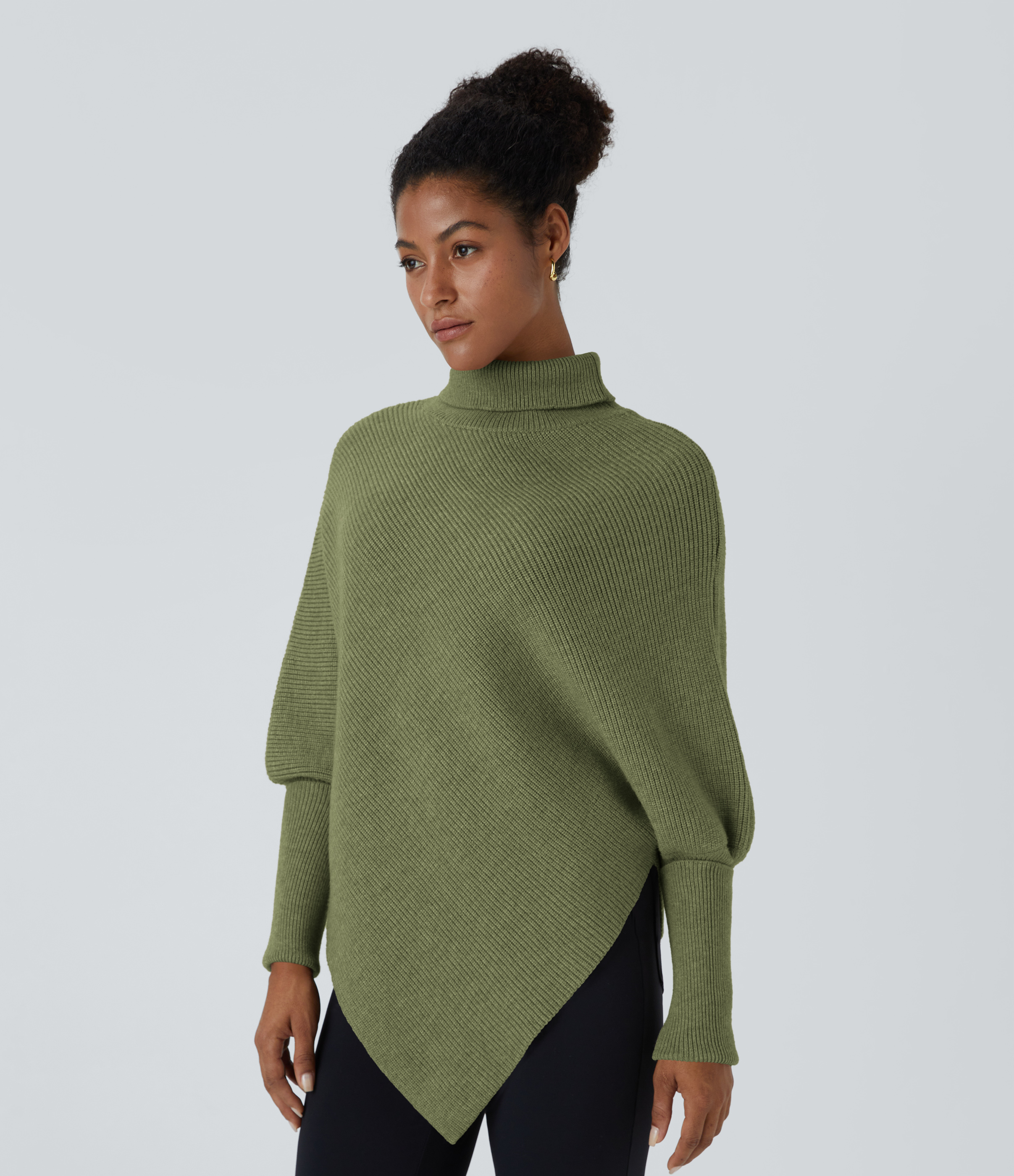 Halara High Neck Long Sleeve Asymmetric Hem Work Sweater  - Deep Sage - XS 