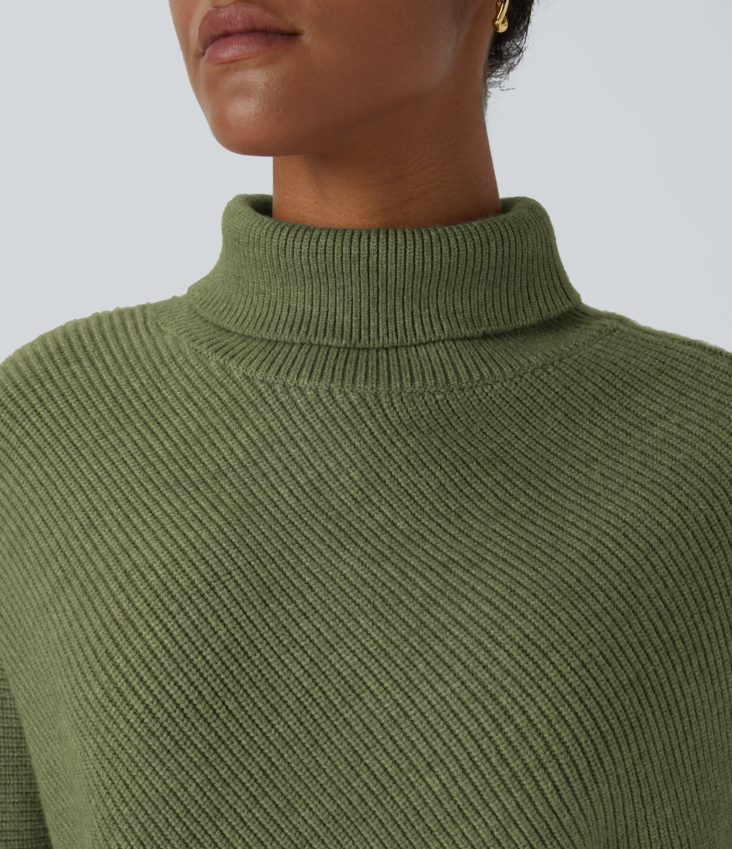 Halara High Neck Long Sleeve Asymmetric Hem Work Sweater  - Deep Sage - XS 